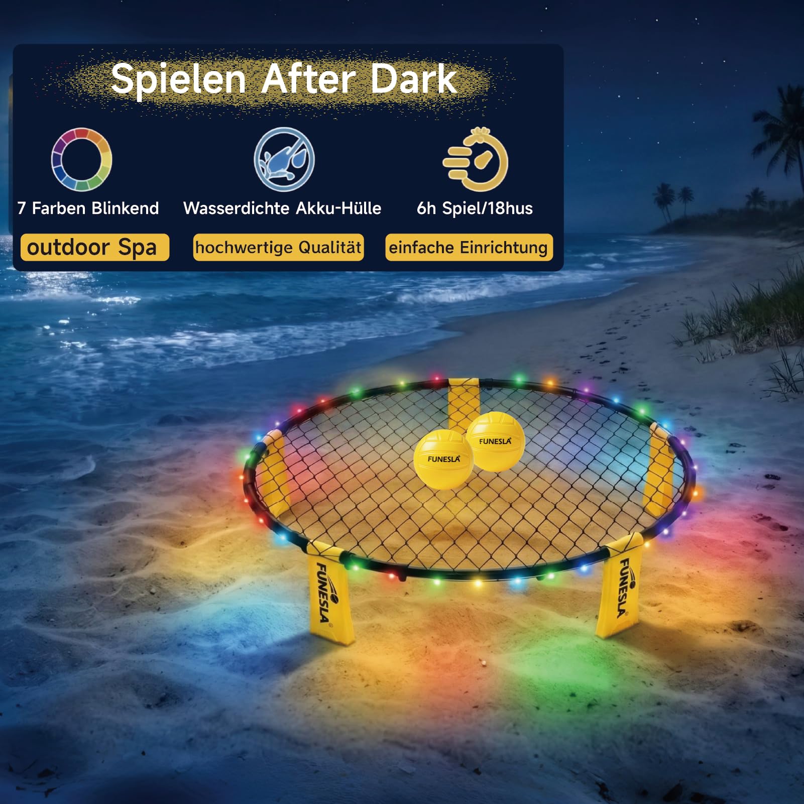Roundnet Spiel Set 2026 – LED Leuchtversion, 2 Bälle, 7 Farben blinkend, einstellbare Netzspannung, tragbares Outdoor-Nachtspiel für Strand Garten Hof, mit verdeckter Nadelpumpe & Tragetasche