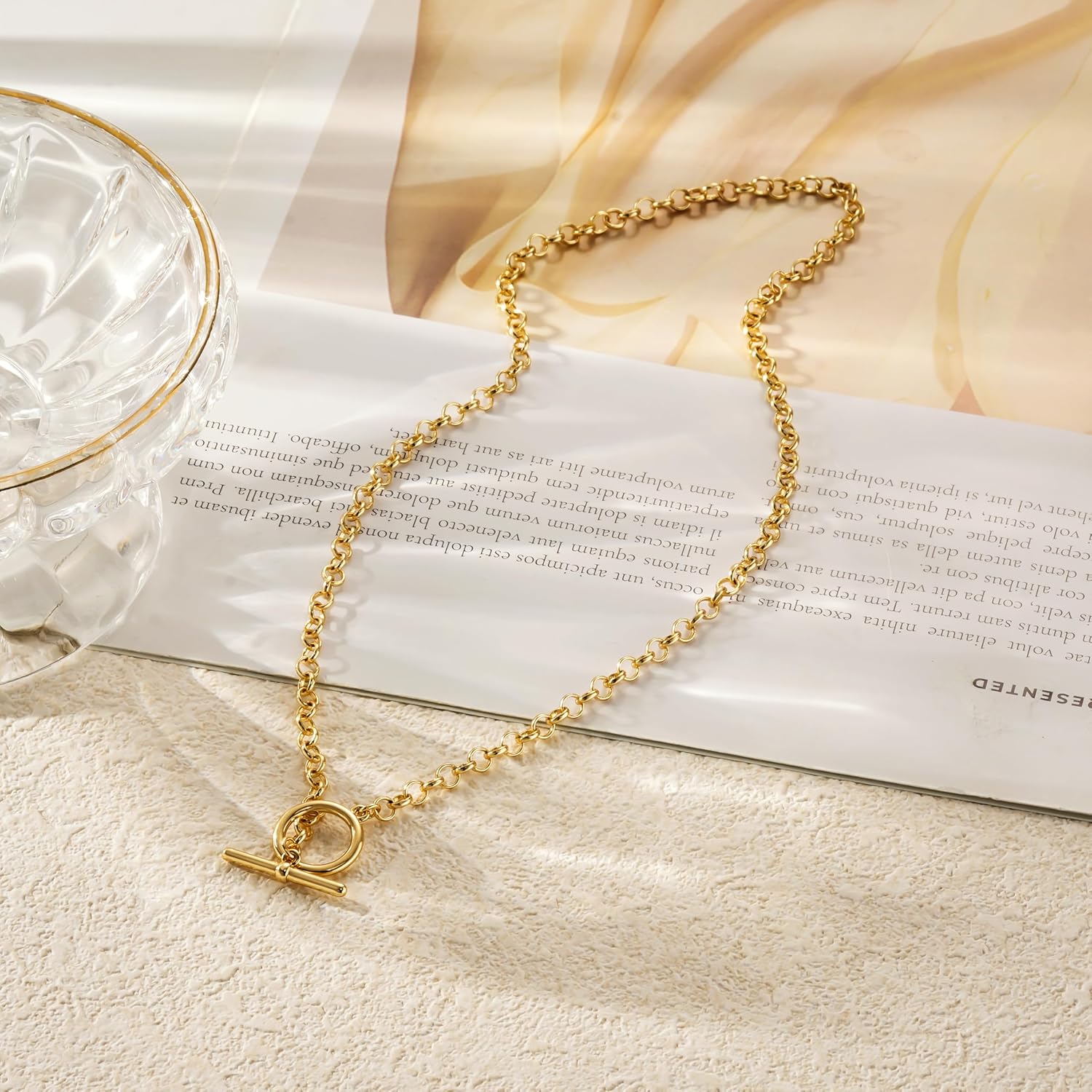 14K Gold Necklace for Women, 14K Gold Plated Chain Necklace Dainty Choker Necklace for Women Trendy Chunky Pendant Necklaces Layering Toggle T-bar Clasp Link Chain Necklace Jewelry - Image 7