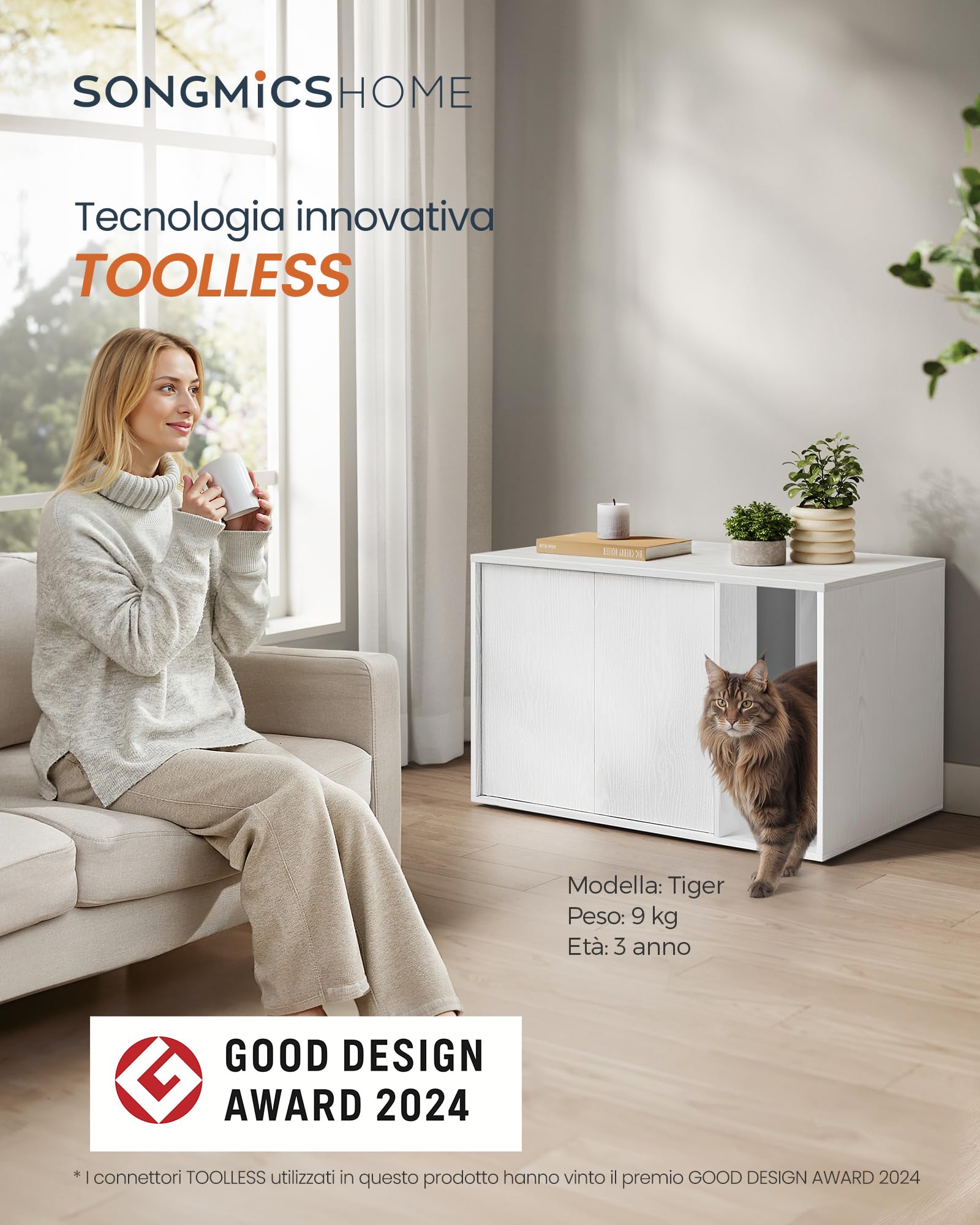 SONGMICS HOME Montaggio Super Veloce Senza Attrezzi, Armadietto per Lettiera, Casetta per Gatti Grandi, Porte a Spinta per Aprire, Tecnologia TOOLLESS, Bianco Neve PCL013W01