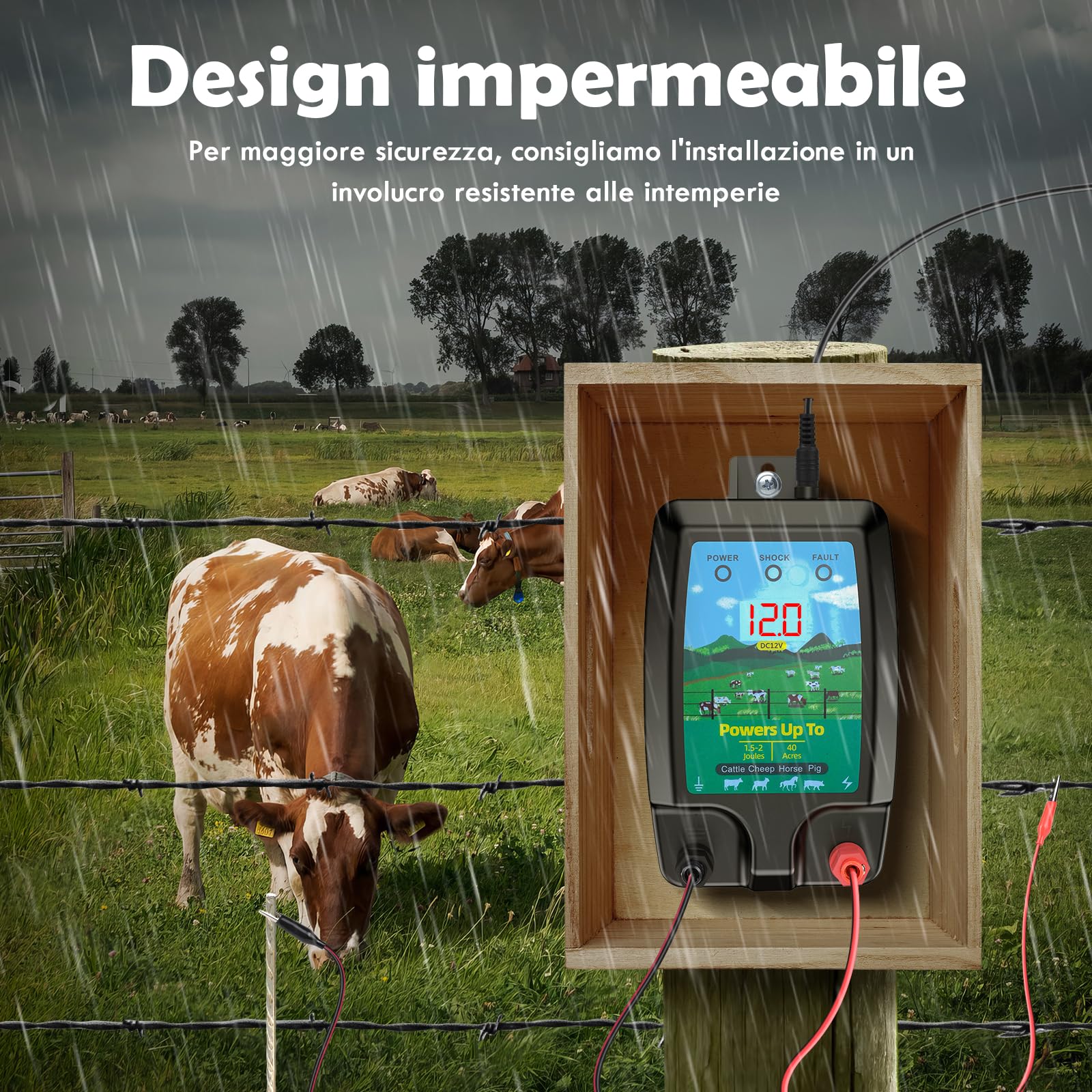 Recinzione elettrica 10 KM ad alta potenza per animali - Elettrificatore professionale 2J con display LCD - Sistema impermeabile resistente per fattoria, giardino e pascolo