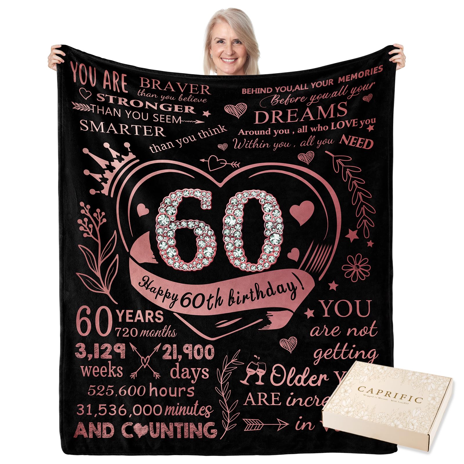 CAPRIFIC 60th Birthday Gifts for Women, Ladies 60th Birthday Gifts, 60th Birthday Decorations, Birthday Presents for Mum, Wife, Grandma, Flannel Blanket 150x130cm(Pink)