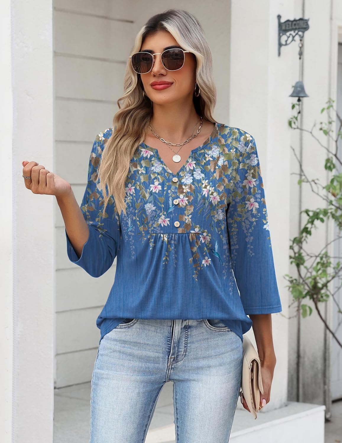 Zeagoo Womens 3/4 Length Sleeve Tops V Neck Dressy Casual T Shirts Pleated Business Work Blouses Basic Tees S-3XL - Image 3