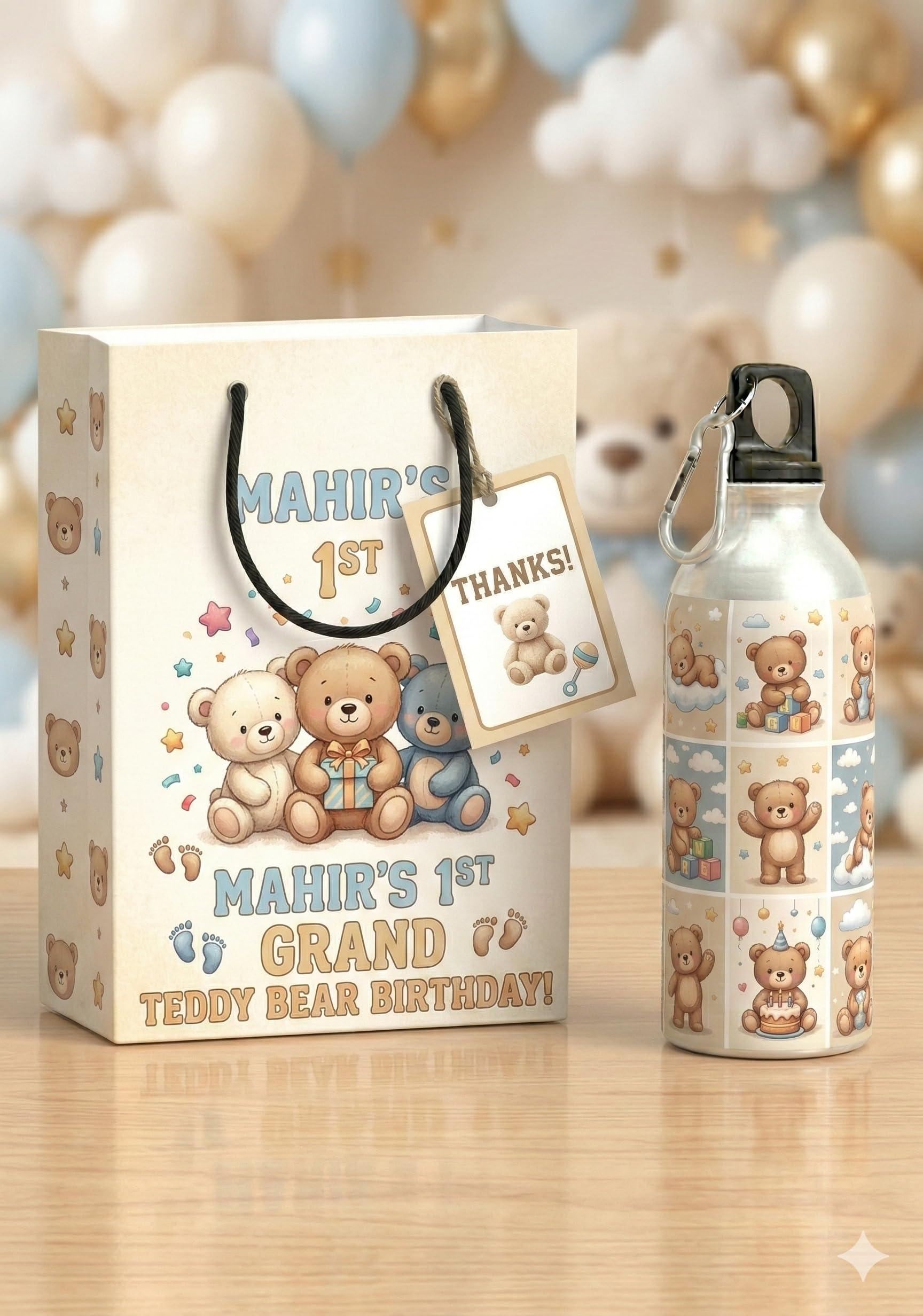 Teddy Bear Birthday Return Gifts Combo, 3-in-1 Set with Customizable Paper Bag, 750ml Metal Water Bottle, Thank You Card, Return favors-image-36