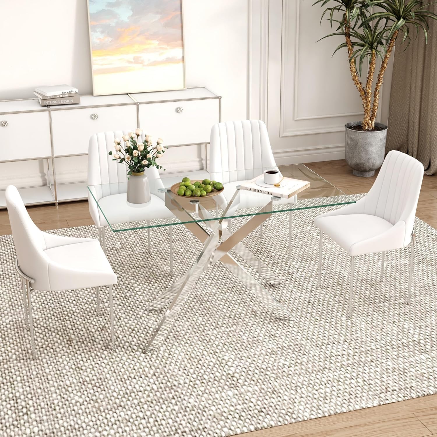 51.18" Rectangular Glass Dining Table, Tempered Glass Small Kitchen Table with Metal Tubular Legs, Stylish and Sturdy Silver Dinner Table for Home and Outdoor