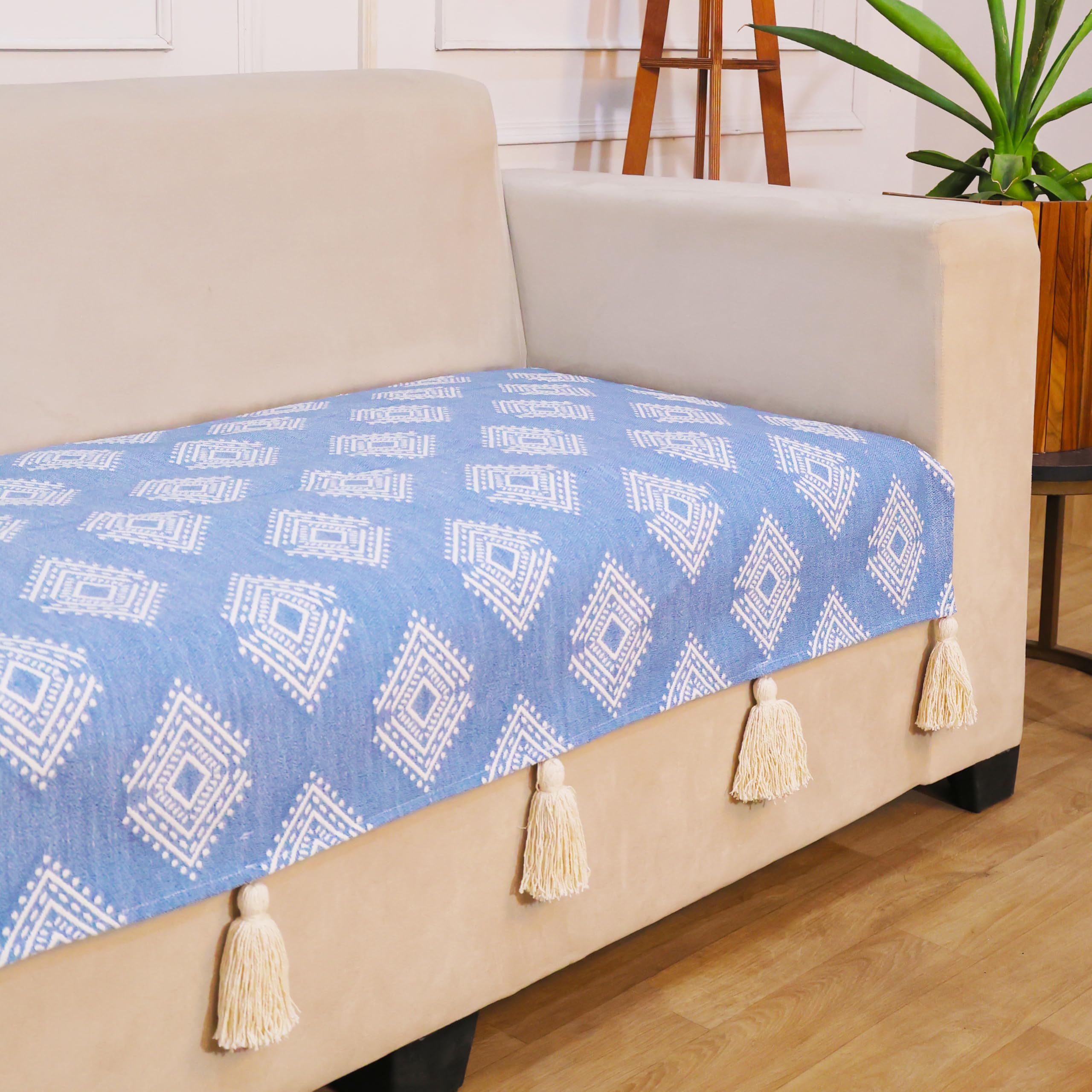 STITCHNEST 'Verdant Rekhika Stories' 1 Seater Sofa Cover| Elegant Jacquard Fabric, Decorative Tassels, Washable & Durable for Modern Living