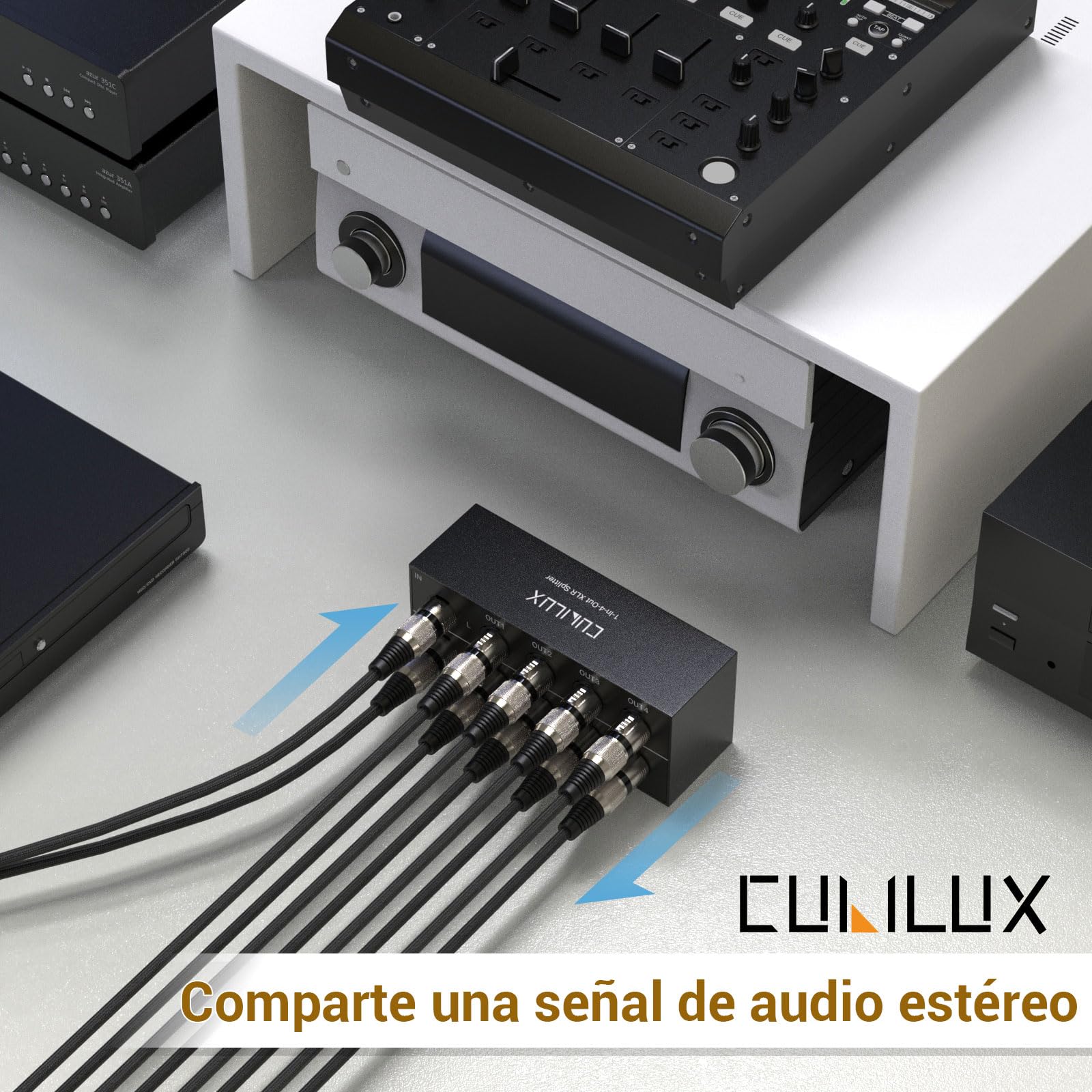 Cubilux Divisor pasivo de audio estéreo XLR de 4 vías, 1 convertidor de audio equilibrado hembra a 4 machos, caja divisora de 4 canales de 1 entrada y 4 salidas