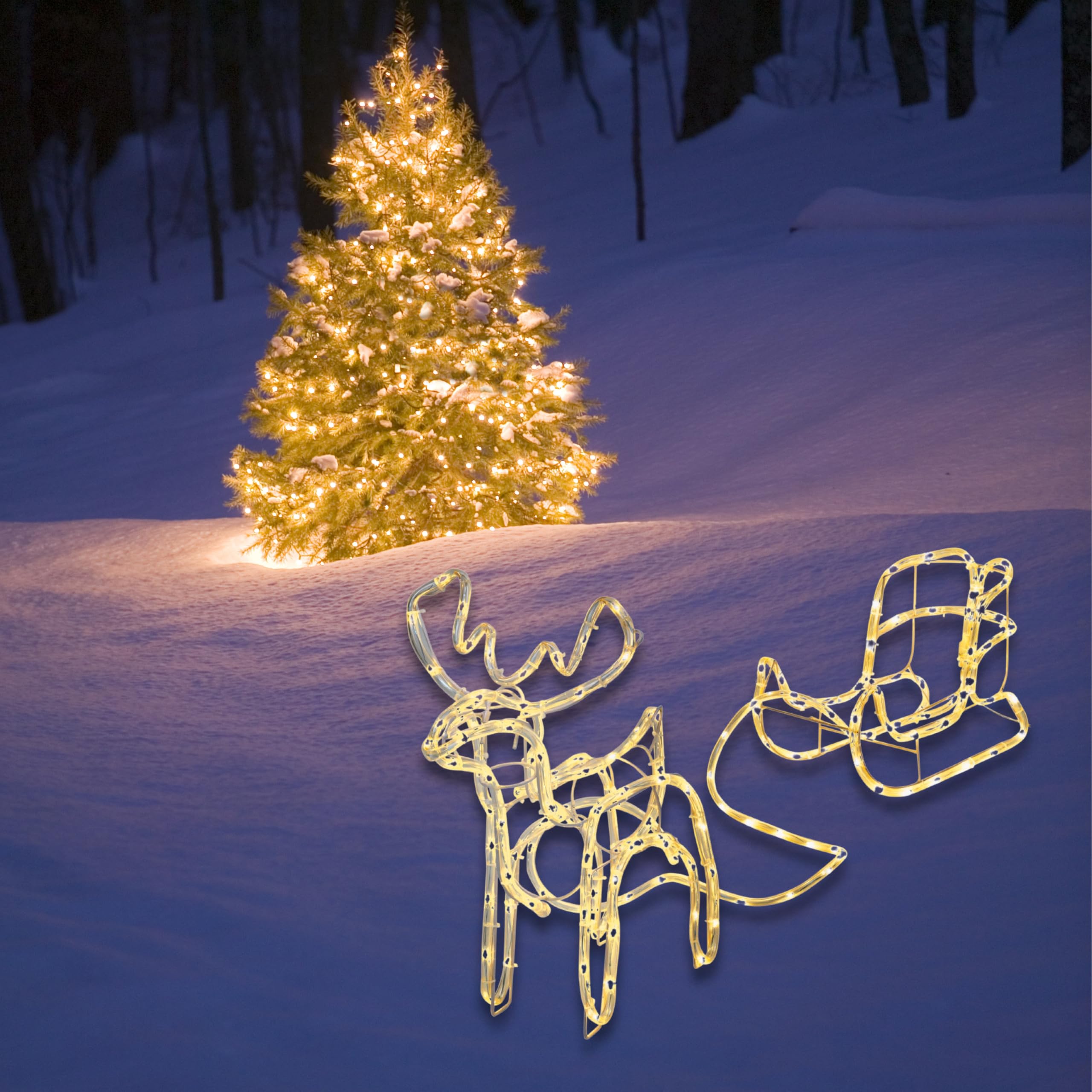 LED Rentier mit Schlitten - 160 LED in warmweiß - Lichterkette Lichtschlauch für Innen & Außen - Leuchtfigur Weihnachtsdekoration mit Rentier beleuchtet außen & Garten beleuchtet
