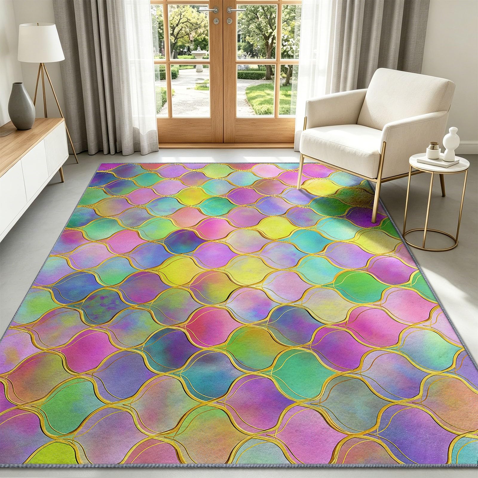 Fantasy Grid - Alfombra antideslizante para sala de estar, 80 x 150 cm, alfombra de suelo de sirena, escamas de semicírculo, lavable, alfombra de pelo bajo para salón, dormitorio, comedor