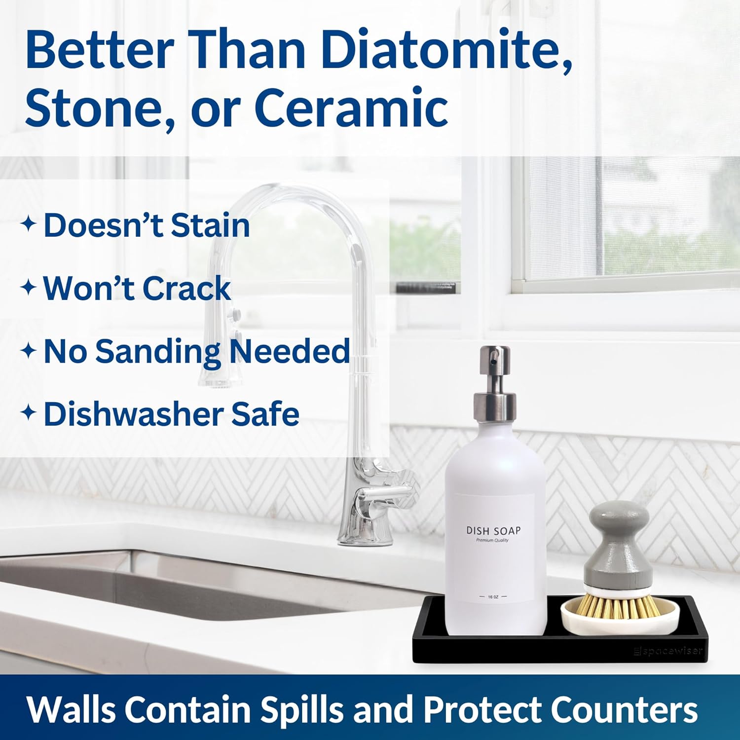 Countertop and Vanity Tray – Small 7.7” Silicone Tray, Soap Dispenser Trays, Bathroom Trays, Kitchen Soap Holder Sink Organizer Counter Caddy for Soaps Bottle Keys, Sponge Holder Dish Black - Image 5