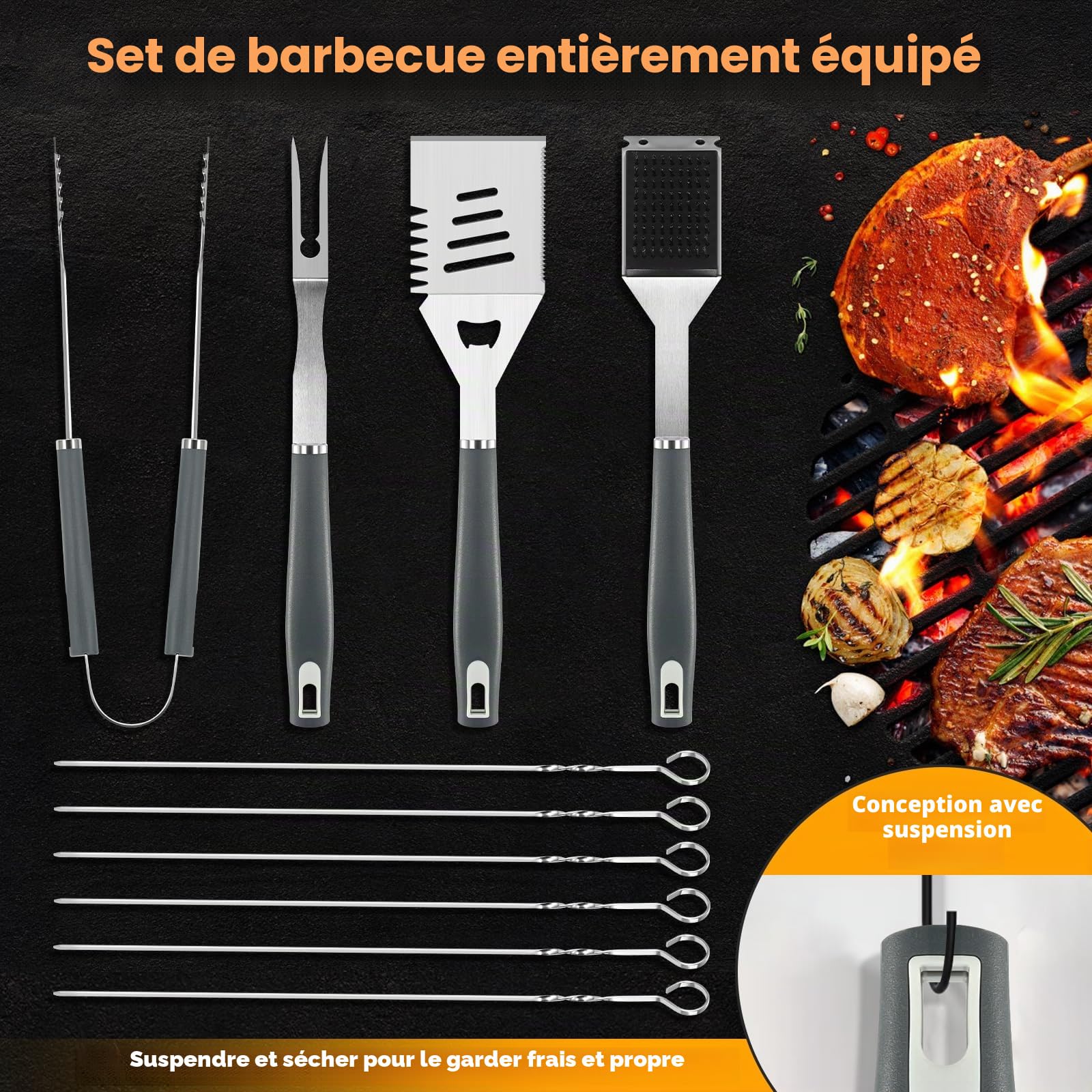 Set d'Accessoires Barbecue 10 Pièces Inoxydable - Ustensiles de Cuisson Extérieur avec Pince, Spatule, Fourchette & Brosse
