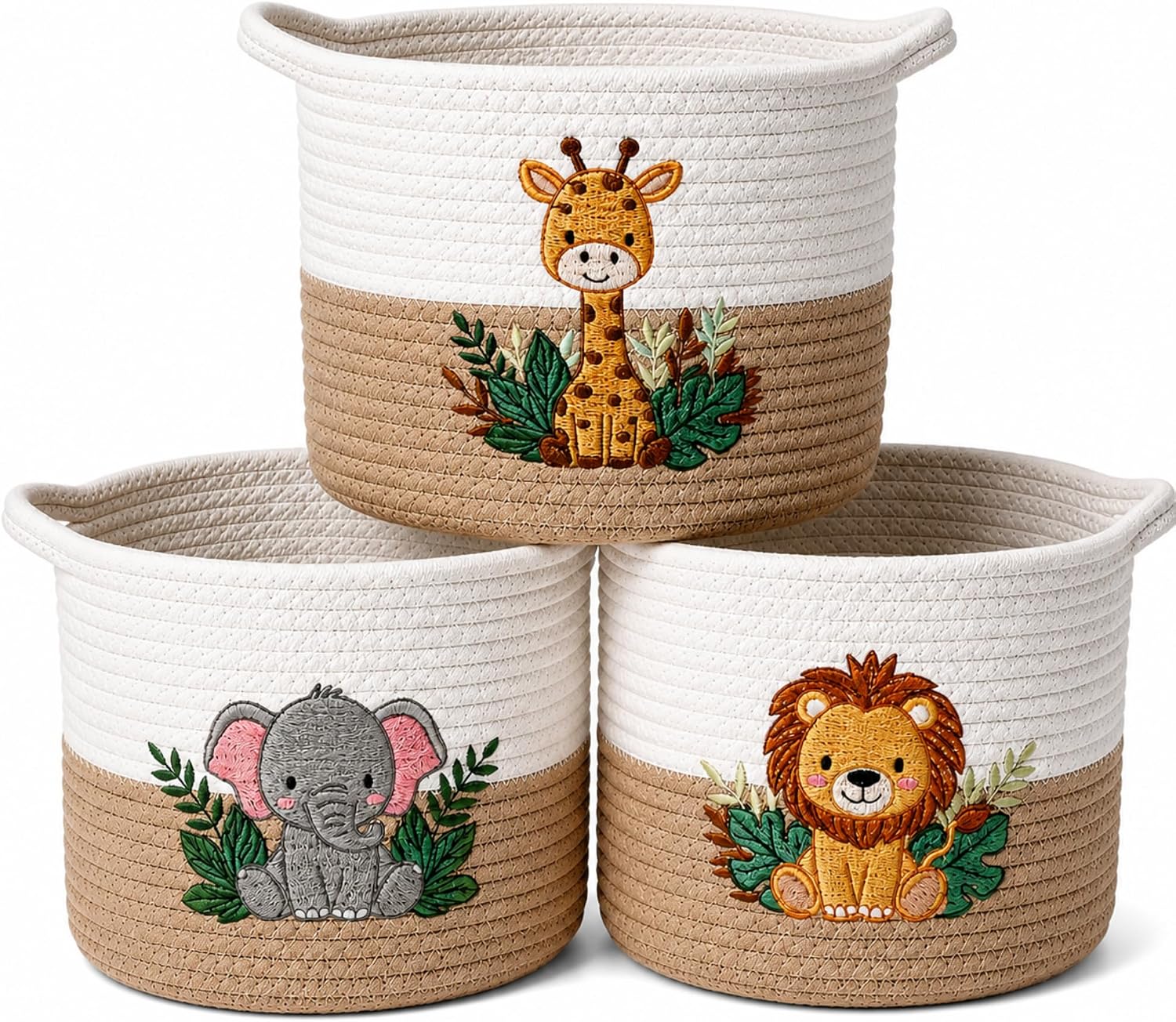 LemonRoad 3 Pcs Small Woven Woodland Animal Basket for Storage Cute Embroidered Cotton Rope Baskets 9.7" x 7.1" Elephant Giraffe Lion Safari Nursery Toy Storage Bins for Bedroom Closet Shelf Nursery