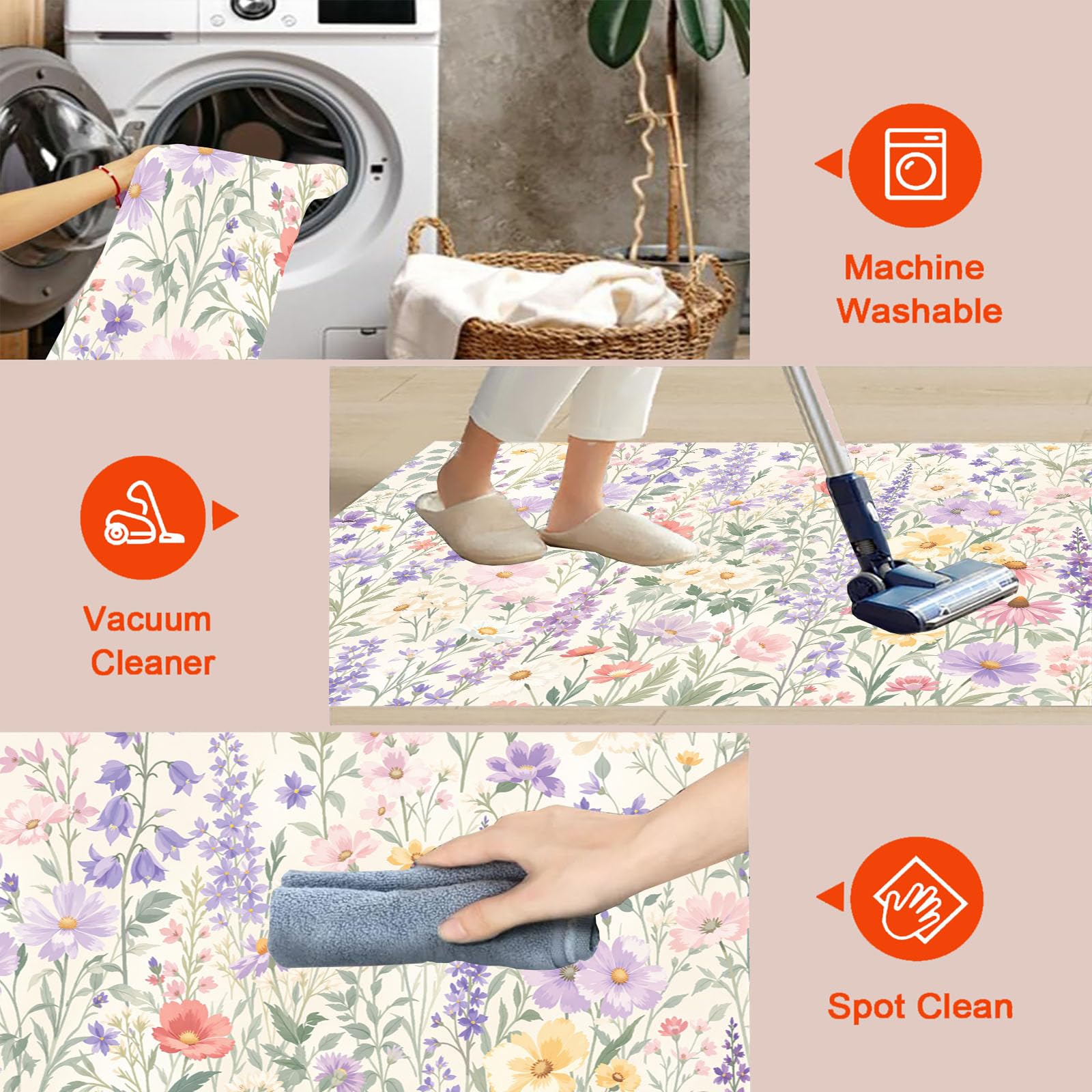 Tapis Rond Lavable Cosmos Delphinium 100cm | Tapis Fleurs Rustiques Fraîches Antidérapants Salon Lavable en Machine pour pour Salle à Manger, Entrée, Cuisine, Violet Clair