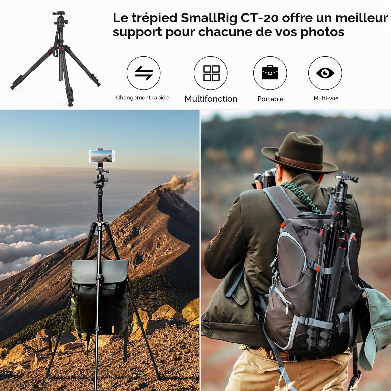 SMALLRIG CT-20 Trépied d'Appareil Photo en Aluminium Léger de 78" (198 cm), Trépied DSLR Pliable pour Le Voyage, Charge Utile Max. 33 LB (15 kg), Hauteur Réglable de 18,5" à 78" (47-198 cm) - 3474C