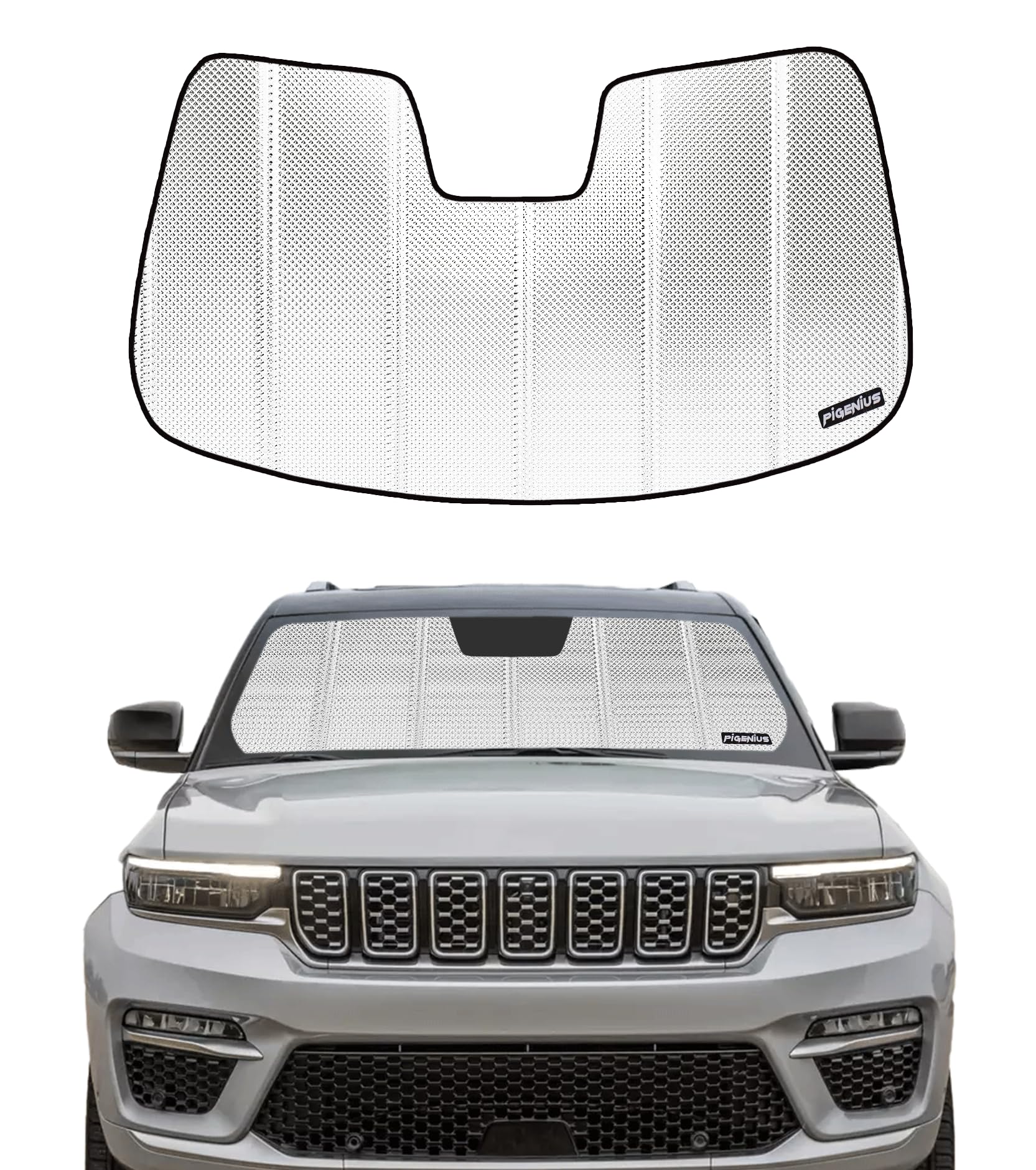 B Pigenius Windshield Sun Shade for Jeep Grand Cherokee 2022-2025. Reflective Aluminum Film Front Window Sunshade - BLAZBLOCK