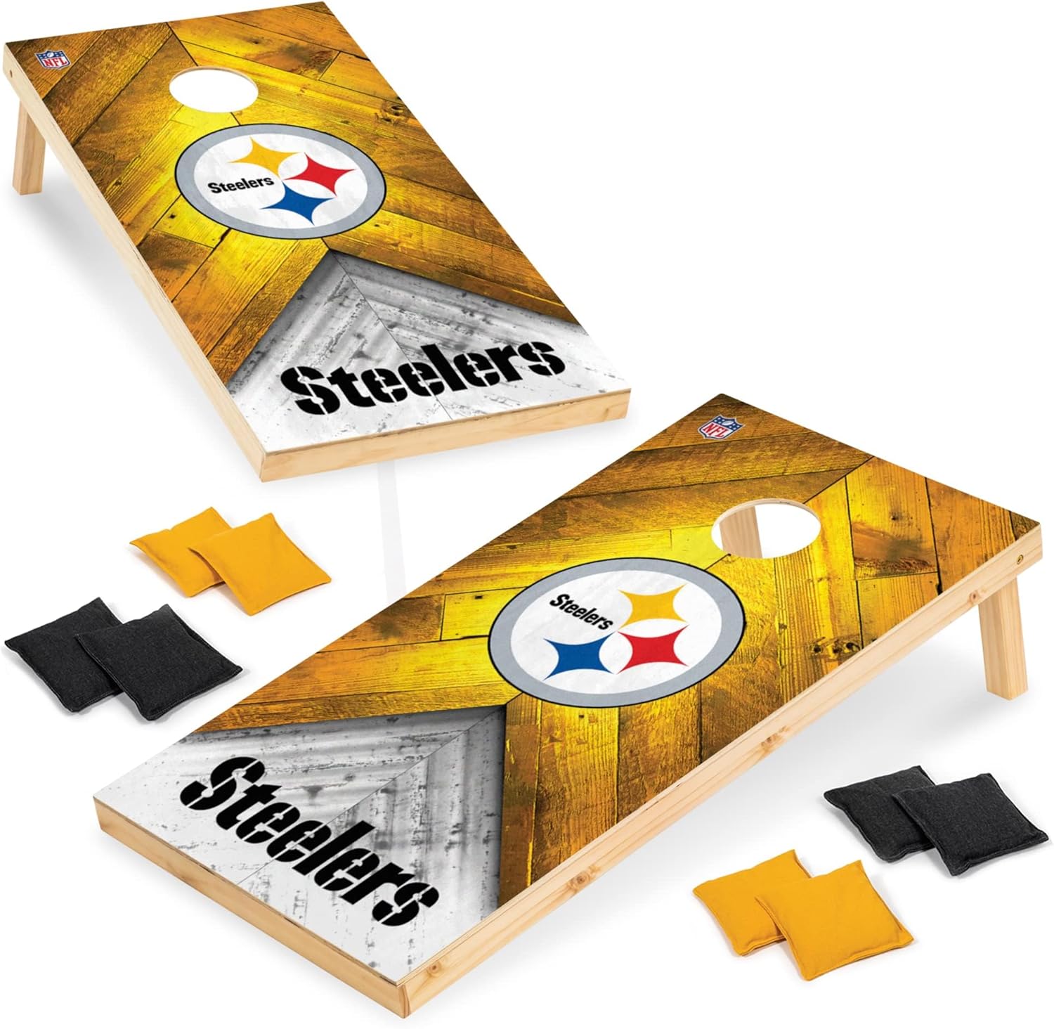 Wild Sports NFL Football 2' x 4' Regulation Size Solid Wood Cornhole Set with Direct Print HD Team Graphics Great Gift for Any Football Fan! Bean Bag Toss Family Outdoor Game Pittsburgh Steelers