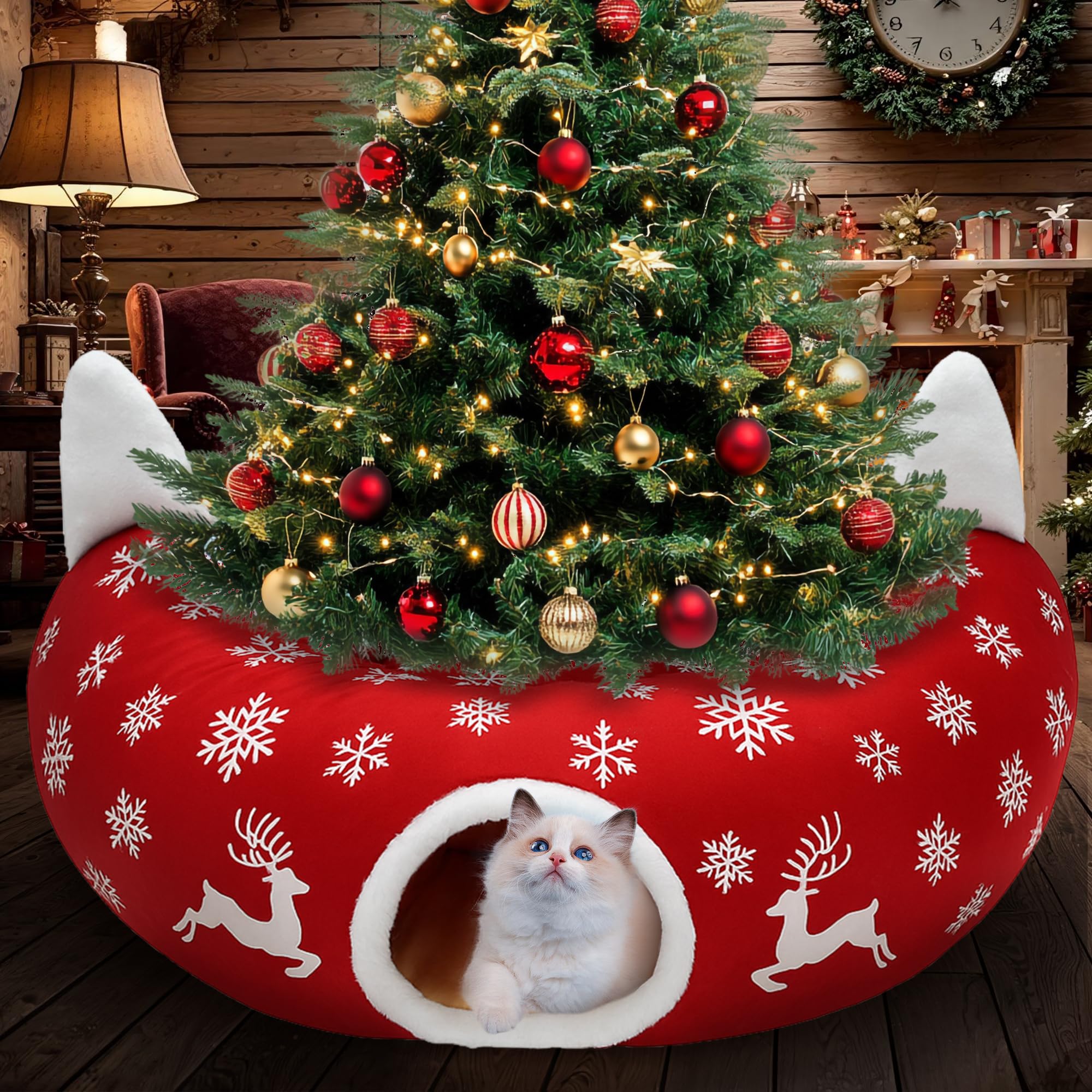 CORALMEE Cat Tunnel Christmas Tree Skirt, Cat Tunnel Bed with Hanging Toy Ball, Elk Snowflake Cats Cave Donut Tunnel Christmas Decorations, Foldable Kitty Tunnel for Indoor Kittens Small Animall