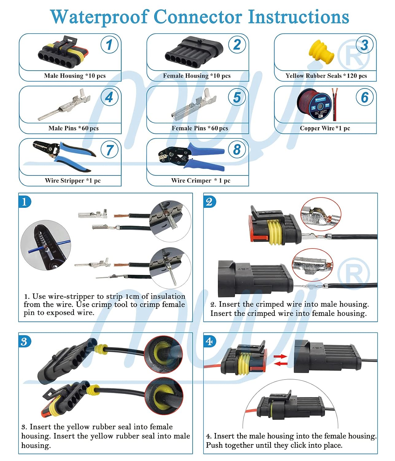 MUYI 10 Kit 6 Pin Way Waterproof Electrical Connector 1.5mm Series Terminals Water Resistend