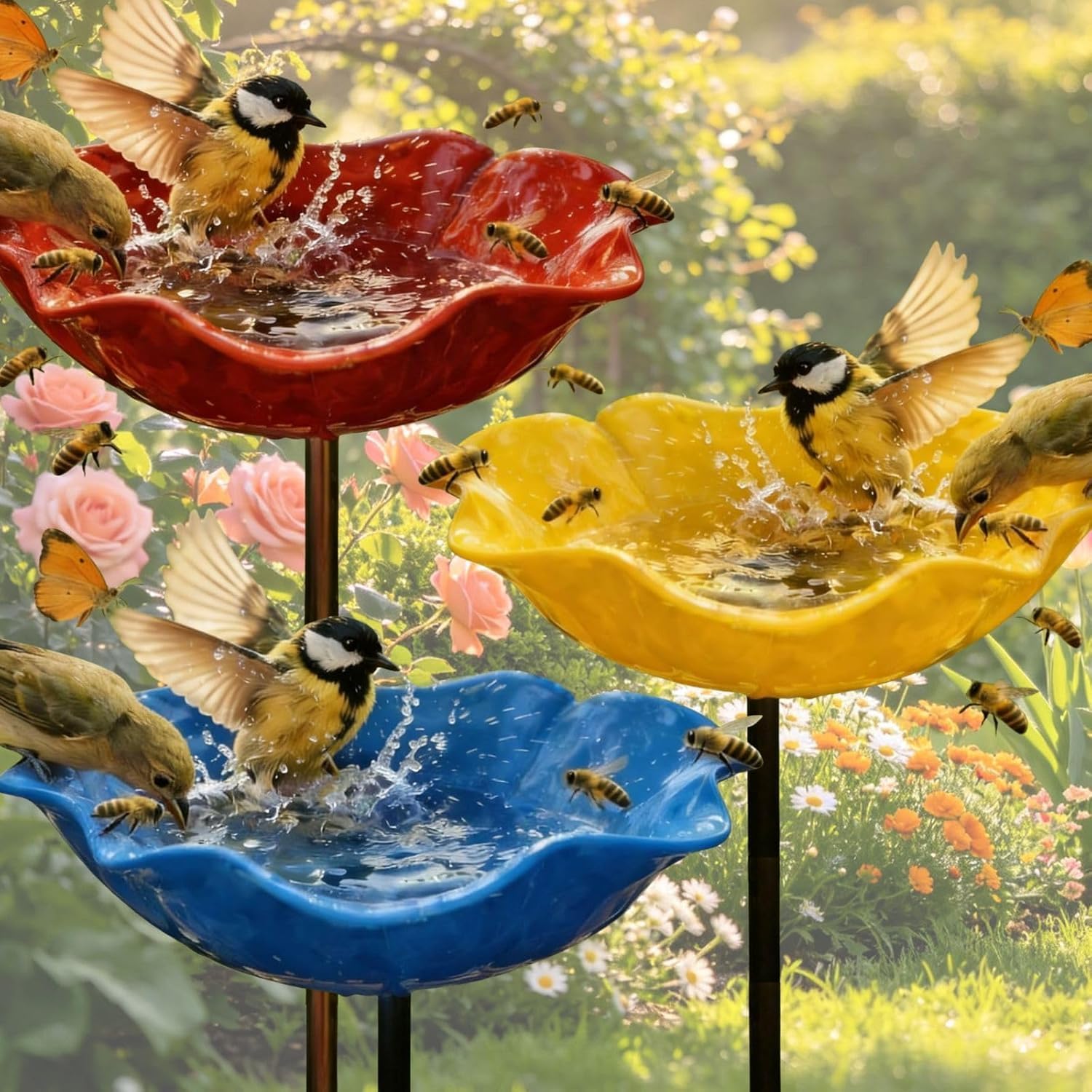 ghfdaz Flower Bird Bath & Bee Bath For Garden, Metal Flower Garden Stake Bird Feeders, Rain Catchers For Garden,Style2