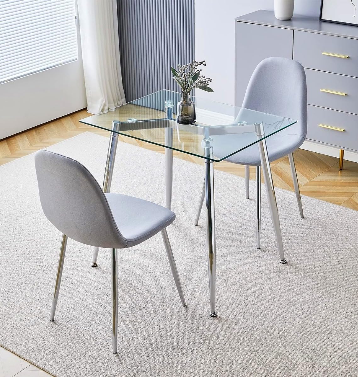 Hallowood Furniture Cullompton Small Glass Dining Table and 2 Chairs Set, Modern Rectangular Kitchen Table and Chairs in Grey Fabric, 2 Seater Dining Sets for Home, Cafe or Office