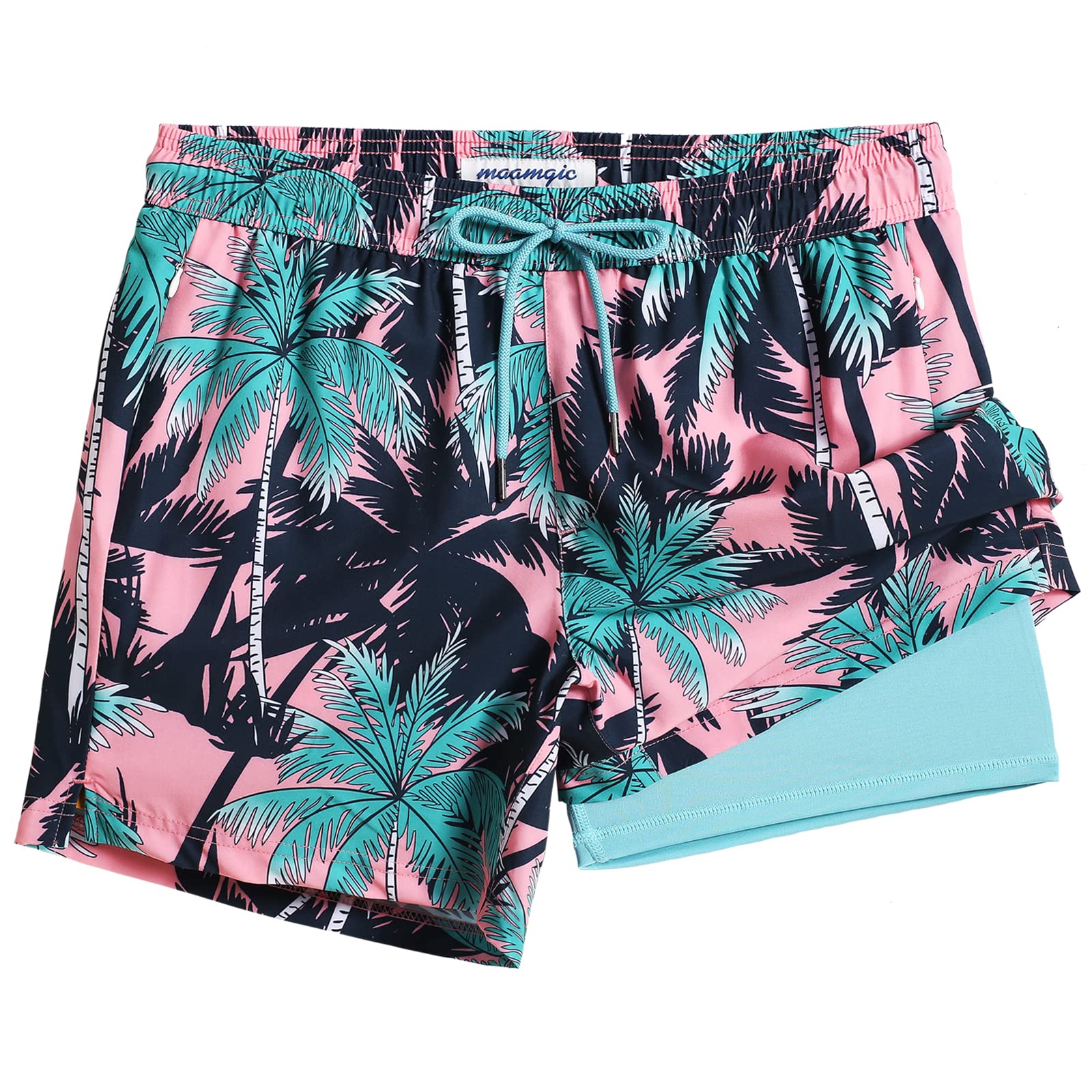 MaaMgic Herren Badehose mit Kompression Badeshorts 2 in 1|14cm Innenlänge Schnelltrocknend lässige Swim Shorts Kurz Boardshorts mit Innenhose Reißverschlusstasche XS-XXL