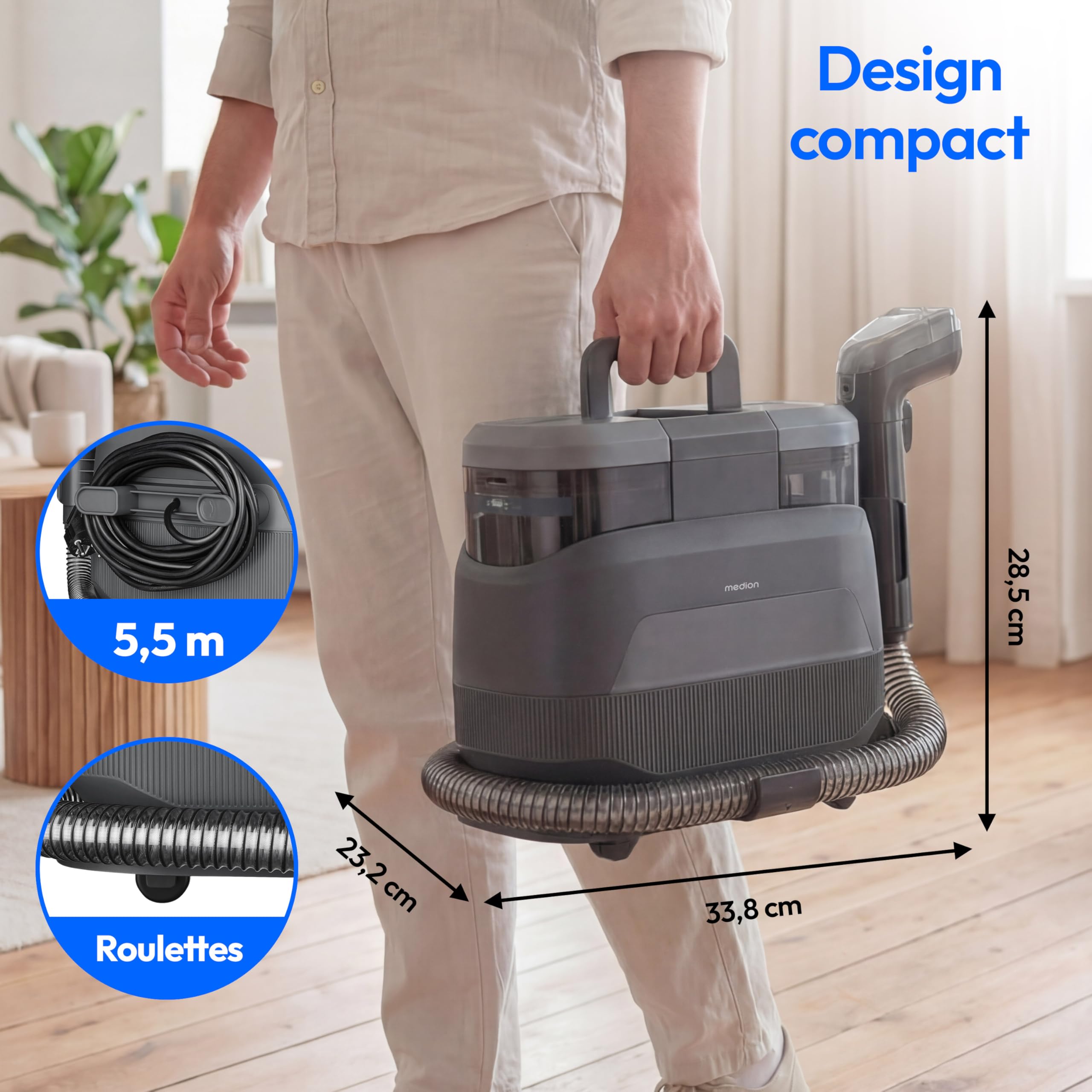 MEDION X10 UC Nettoyeur de tissus injecteur extracteur (Aspirateur eau pour tissus, moquettes et sièges auto, eau froide, eau chaude, vapeur, réservoir d'eau propre et d'eau sale, embout pour vitres,