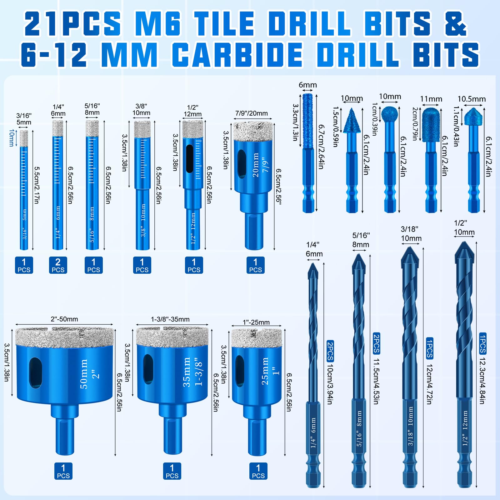 Set di 21 punte per piastrelle con punta per piastrelle M6 (5-50 mm) e punte per metallo da 5-12 mm, utensili per levigatura fine, adatti per vetro, granito e piastrelle
