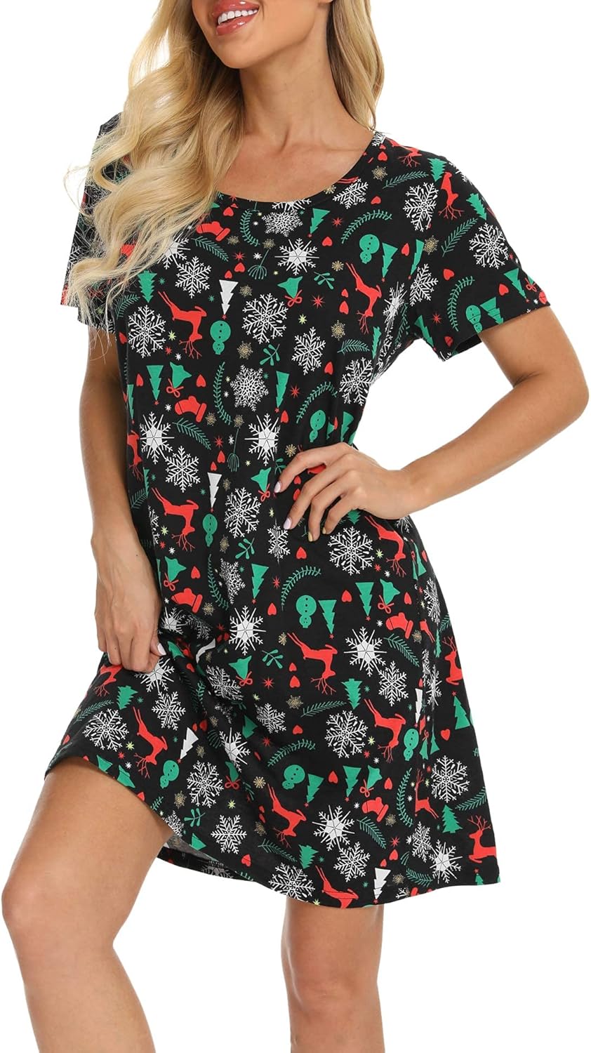 ENJOYNIGHT Womens Nightgowns Cotton Sleepwear Plus Size Sleep Shirt Short Sleeve Nightshirt Print Sleepshirt