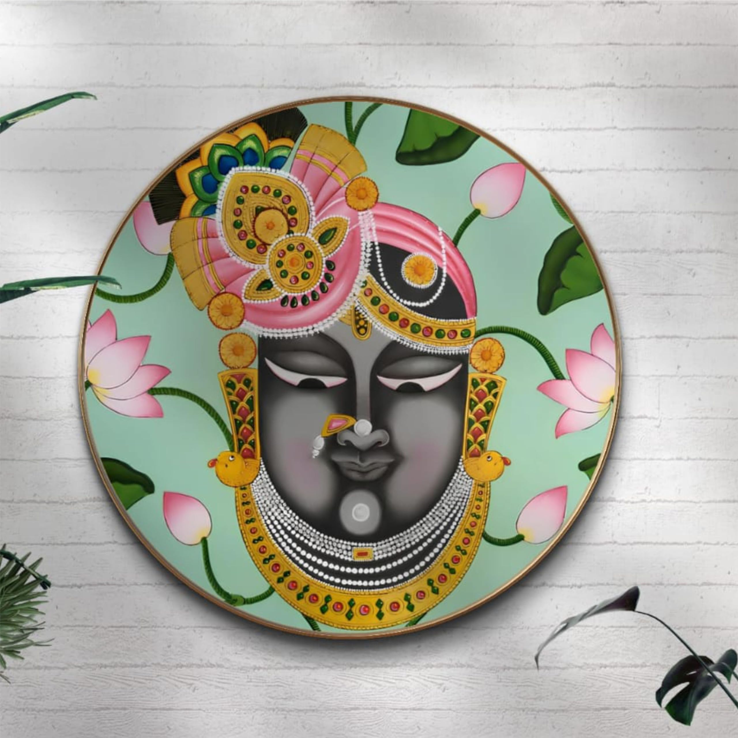 Livin'luxe paintings ShriNath ji religious Premium Sparkle lamination Golden Slim Frame 58 cm x 58 cm Large Size, For Home/Office/Hotel painting GR-06