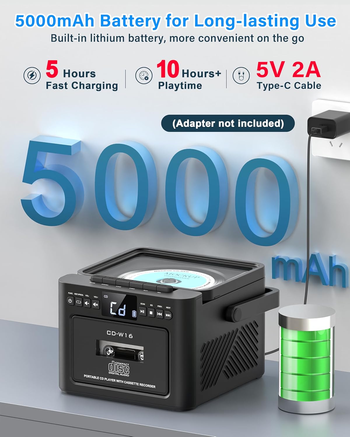 Greadio CD-W16 Boombox being charged via a Type-C cable, with a large '5000mAh' graphic and icons for 5 hours fast charging, 10+ hours playtime, and 5V 2A Type-C cable.