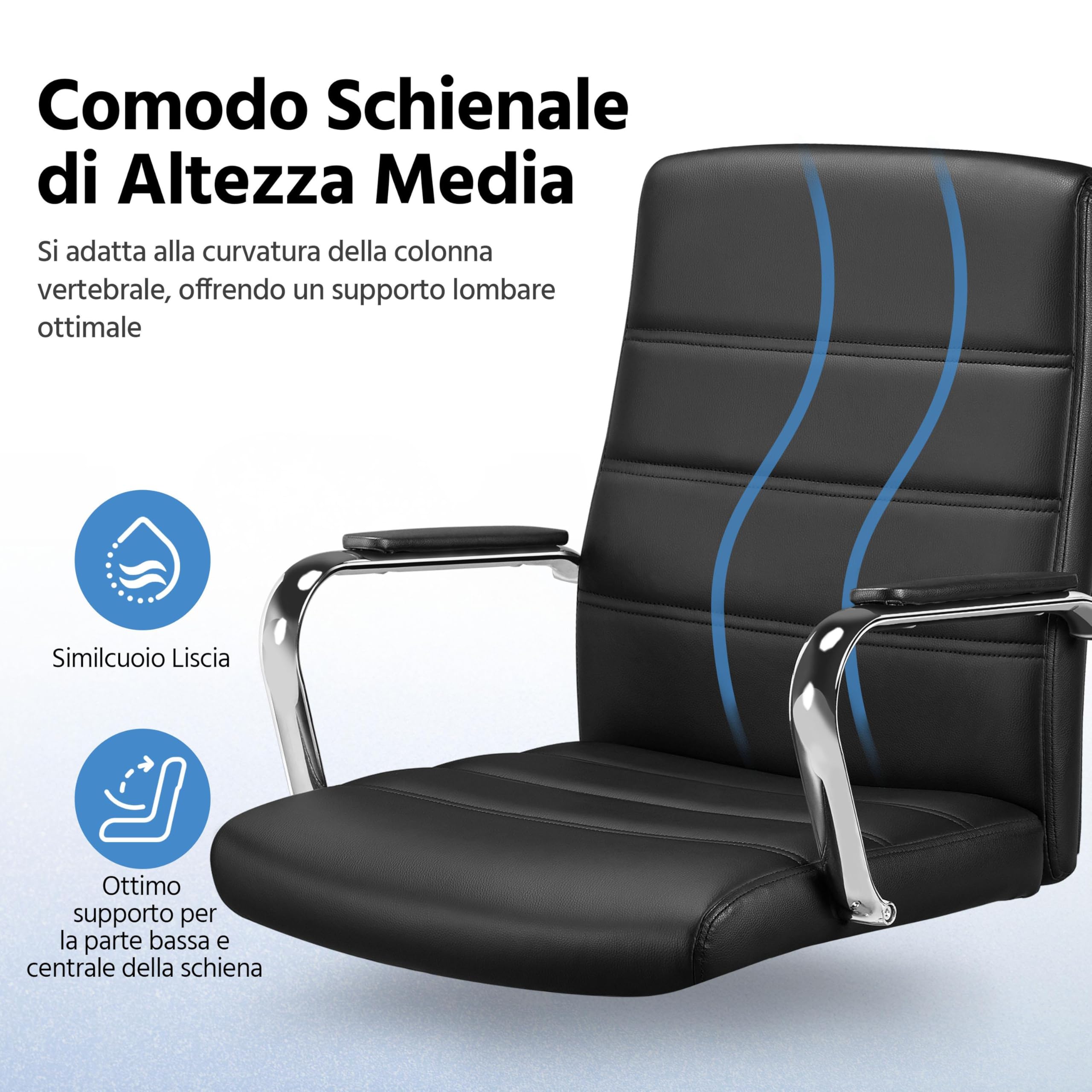 Yaheetech Sedia/Poltroncina Ufficio Scrivania Ergonomica Ecopelle Altezza Regolabile Girevole a Rotelle Reclinabile per Computer Imbottita con Braccioli Portata 130 kg Nera