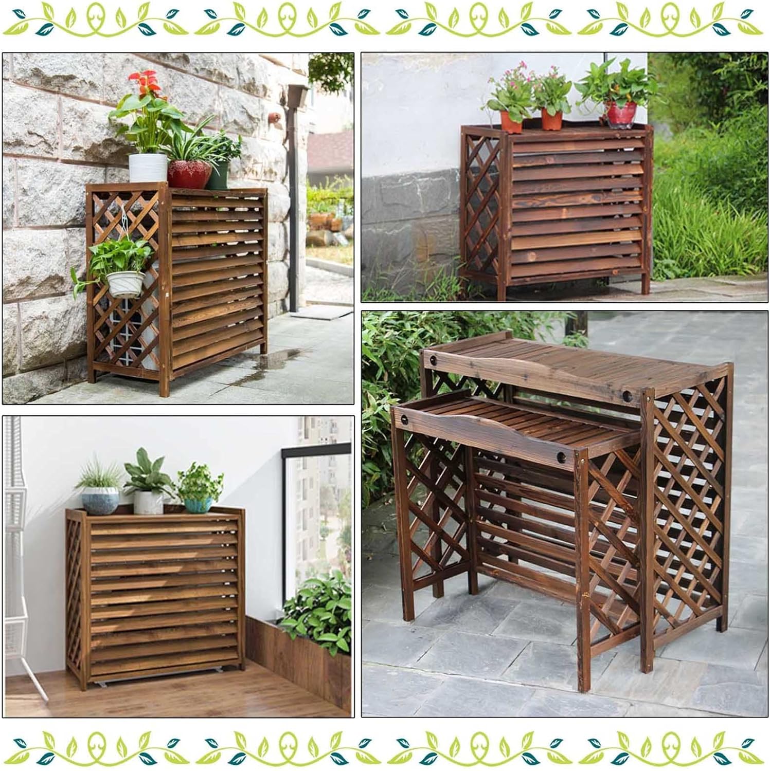 Air Conditioner Cover,Outdoor Air Conditioner Fence Screen Flower Stand, Solid Wood Grid Air Conditioning Covers for Outside Hide Air Conditioner Outer Cover Louvered, Multi-Function Storage
