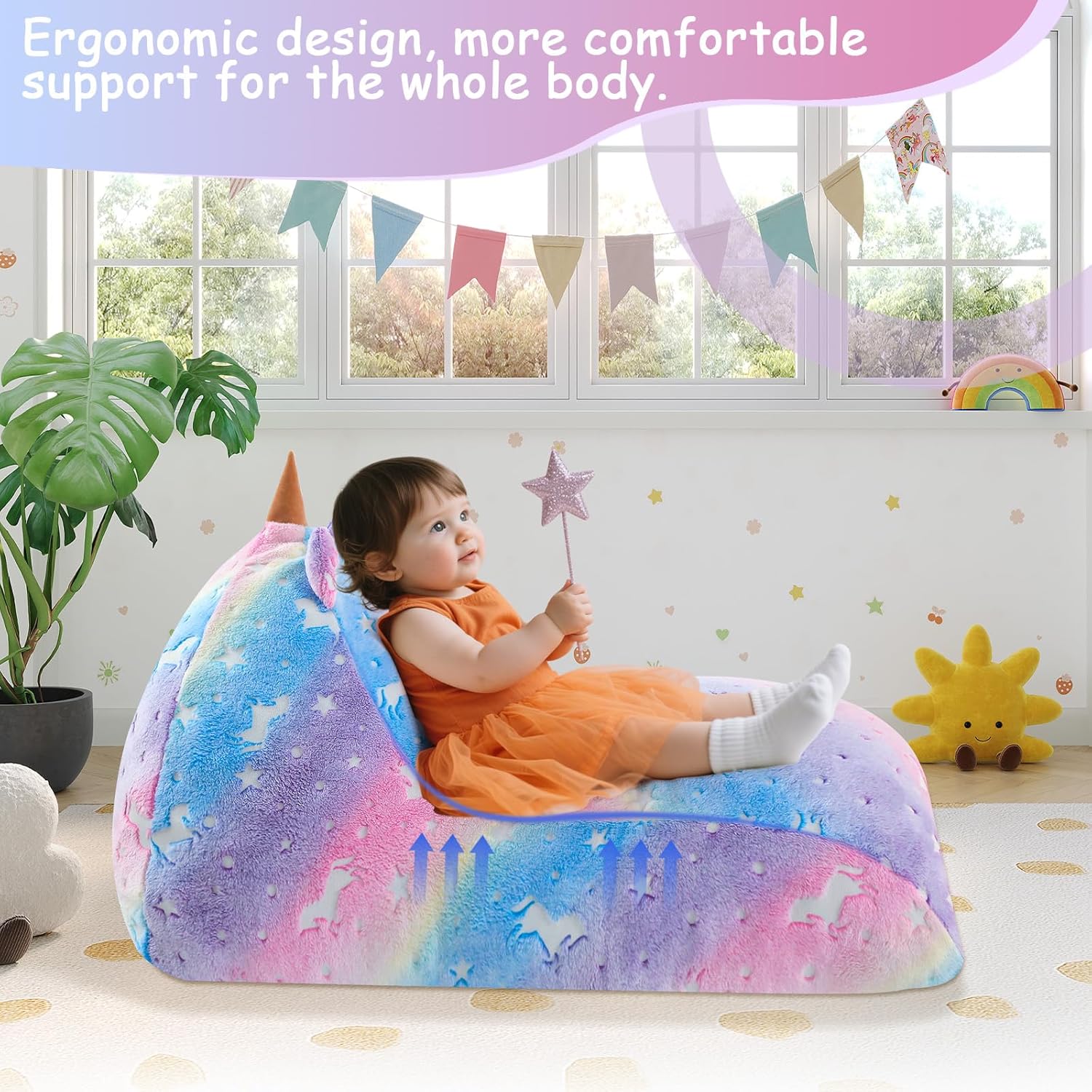 COMAX Unicorn Bean Bag Chairs for Kids 8-12, Kid Beanbag Chair with Filler, Big Toddler Lounge Bean Chair, Children Lazy Floor Lounger for Girls Boys, Glowing Rainbow