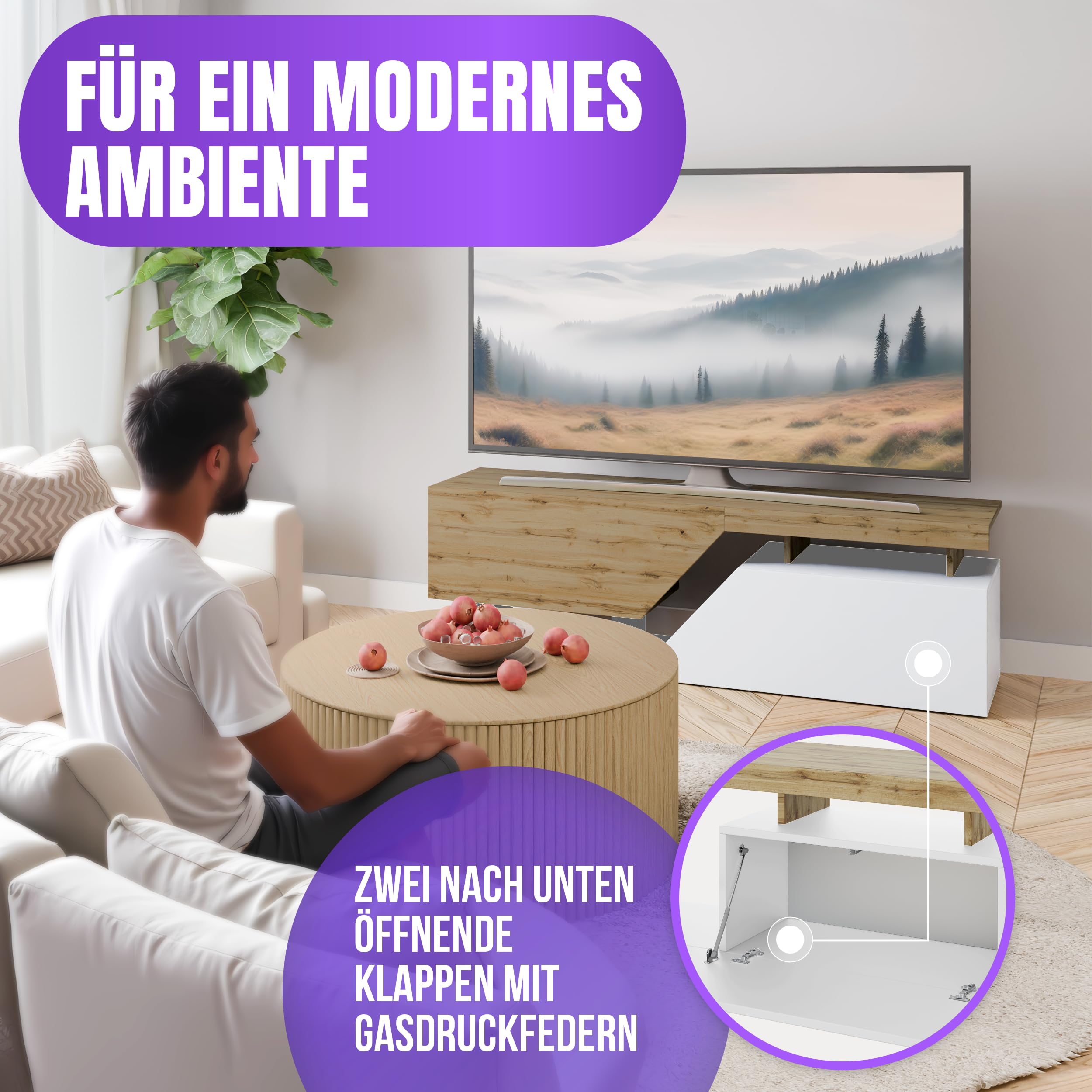 Mirjan24 TV-Lowboard Nesezi 160 mit 2 Klappen (Wotan/Weiß) | TV-Schrank mit geometrischem Design, breiter Ablagefläche, Push-to-open-System und Gasdruckfedern, B/H/T: 160/47/35 cm