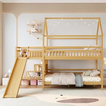DNYN House-Shaped Bunk Bed with Slide and Storage Stairs for Teens Bedroom, Space-Saving Full Size Wooden Bed Frame with Guardrails, Noise-Free & No Box Spring Needed