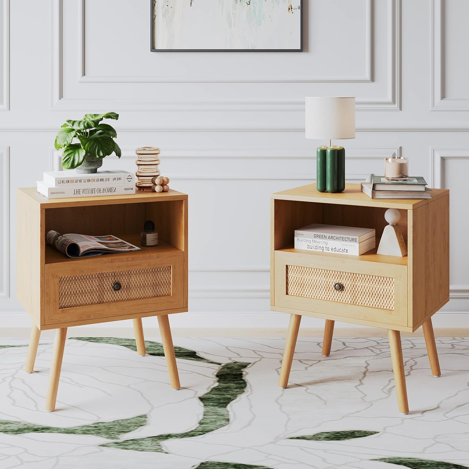 Rattan Nightstand Set of 2, Boho Nightstand with Drawers