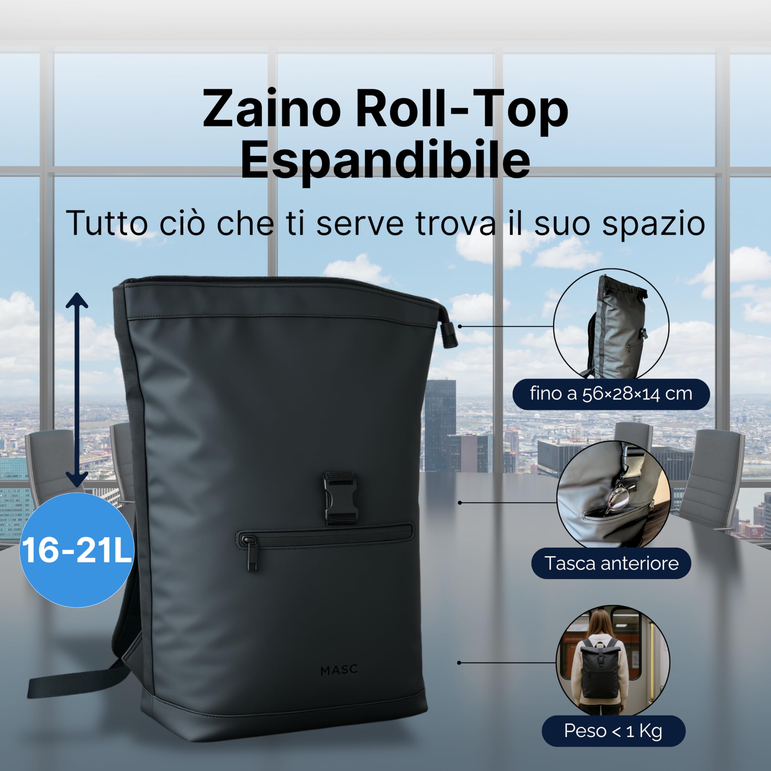 MASC Zaino Rolltop Impermeabile per Uomo e Donna, Zaino da Lavoro Elegante, 21L Capiente con Scomparto Porta Pc 18 Pollici