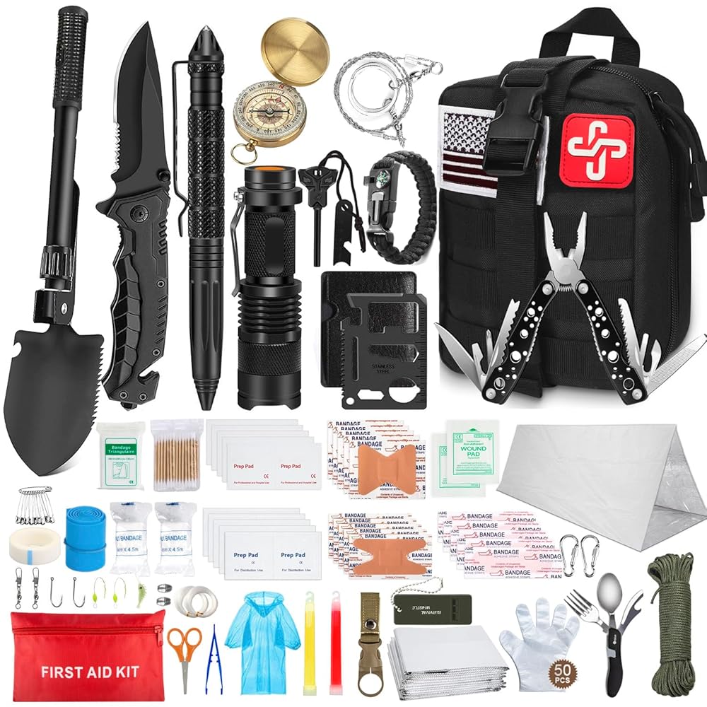 238Pcs Emergency Survival Kit and First Aid Kit, Professional Survival Gear Tool with Tactical Molle Pouch and Emergency Tent for Earthquake, Outdoor Adventure, Camping, Hiking, Hunting