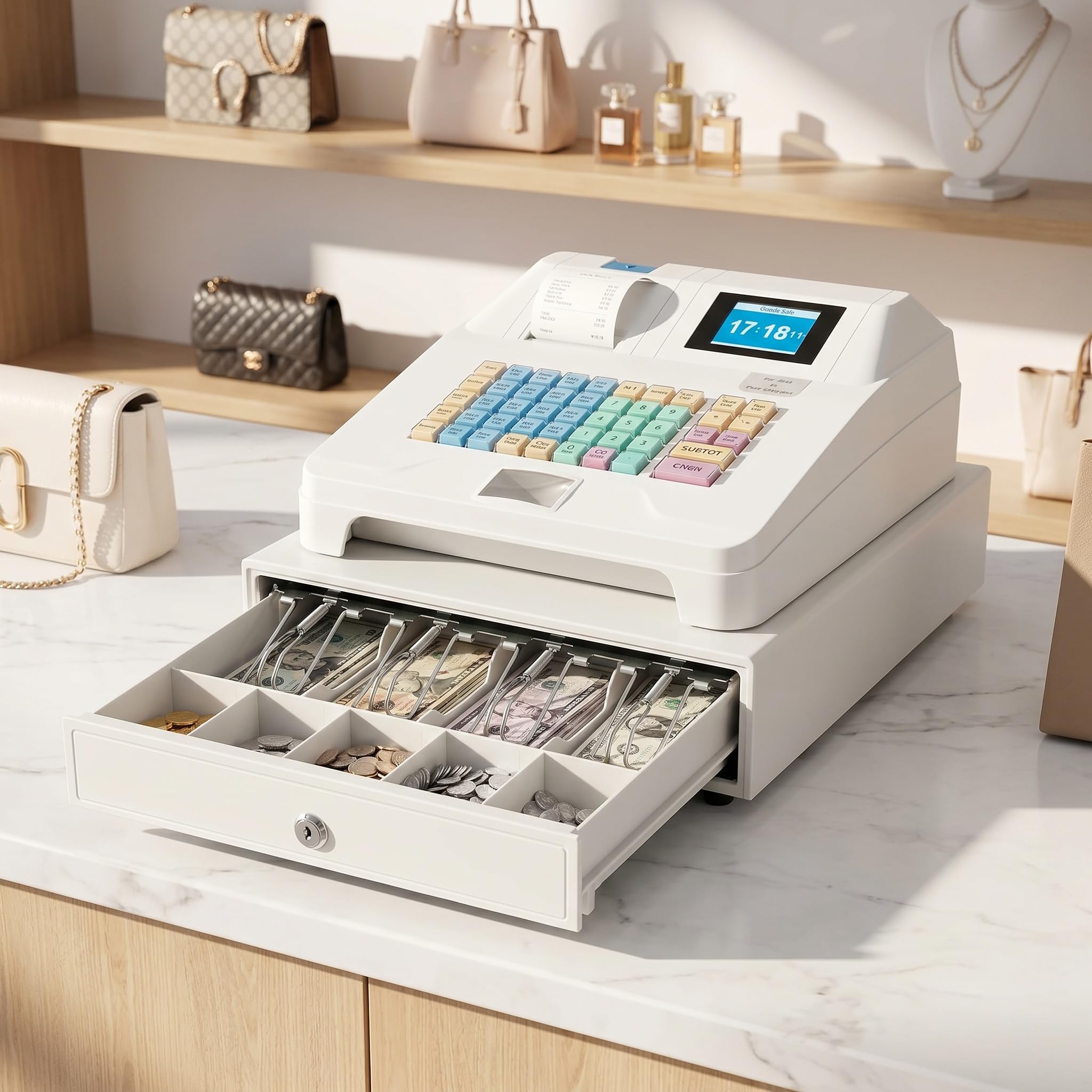 Sistema Tpv con Cajón Portamonedas, 48 ​​Teclas, Pantalla Led De 8 Dígitos, Caja Registradora Comercial E Impresora para Comercios Y Restaurantes: Gestión Electrónica De Efectivo Eficiente.