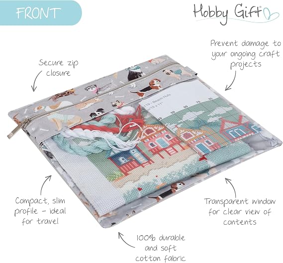 Hobby Gift Flat Cross Stitch Bag Storage Project Pouch - Cross Stitch Project Bag for Needlecraft Papercraft Cards, Waterproof Storage for Knitting & Crochet Accessories - 28 x 0.5cm, Grey Dogs