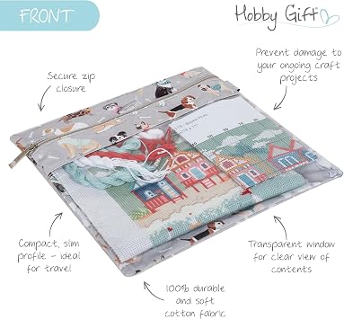 Hobby Gift Flat Cross Stitch Bag Storage Project Pouch - Cross Stitch Project Bag for Needlecraft Papercraft Cards, Waterproof Storage for Knitting & Crochet Accessories - 28 x 0.5cm, Grey Dogs