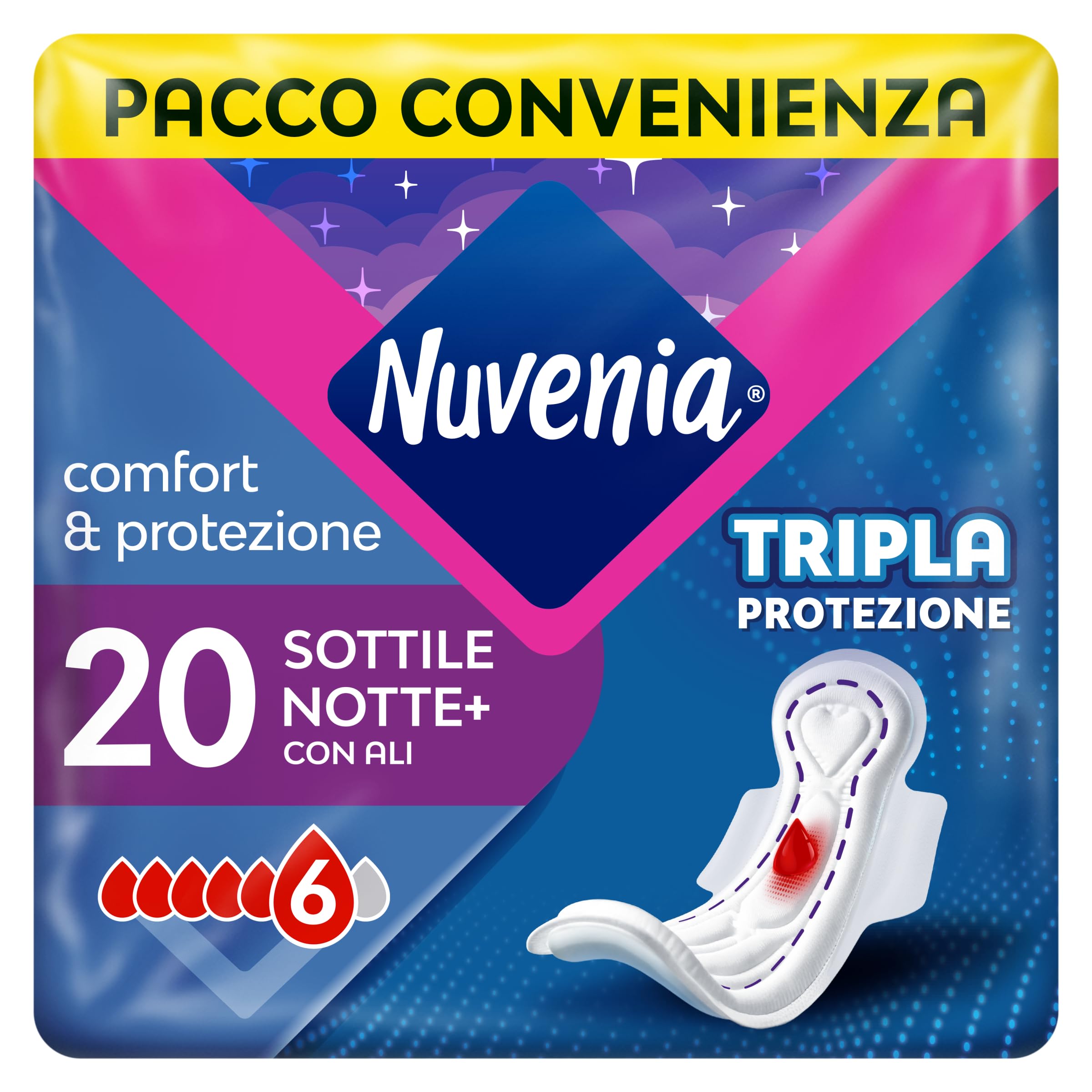Nuvenia - Assorbente Sottile Notte con Ali - Superficie Morbida e Controllo Odori - Confezione da 20 Assorbenti