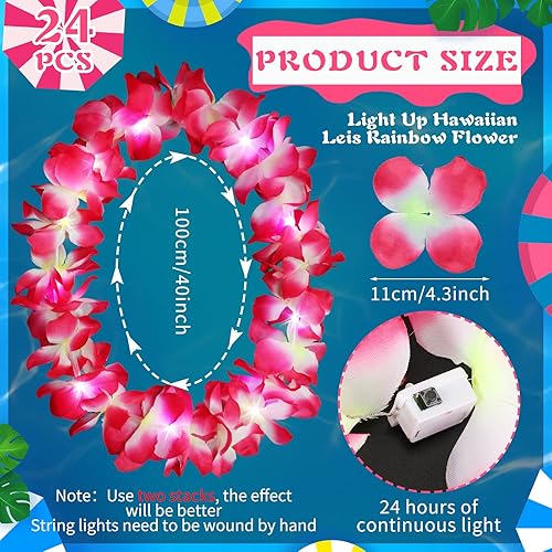 Miniatura 2 de Sherr 24 piezas de collar de flores hawaianas de Leis con luces LED, para playa, tropical, carnaval, fiesta, suministros de boda, Luau Leis para