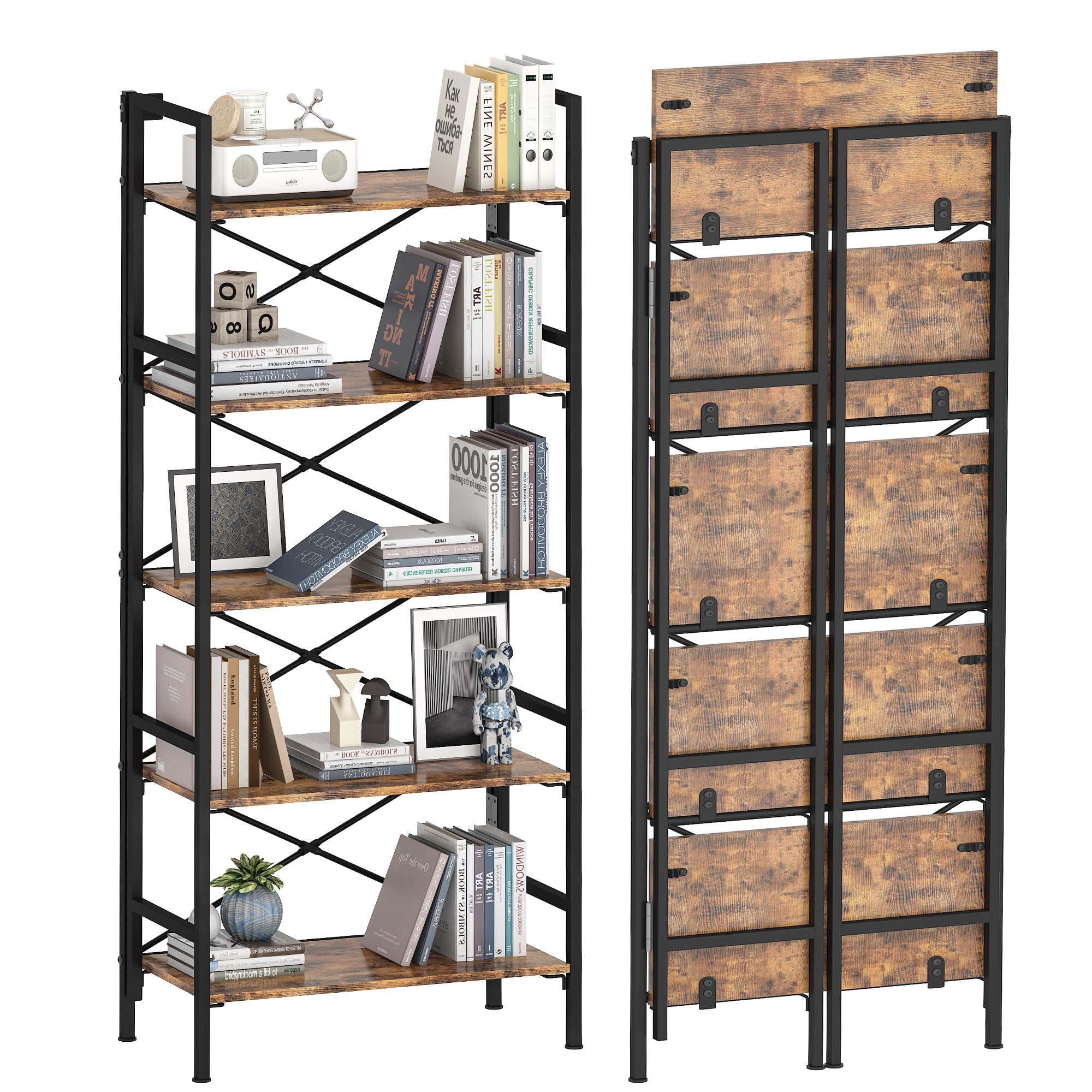 Folding Bookshelf,5 Tier Bookcase Foldable Shelf with X-Bracket Design, Adjustable Feet, Space Saving Storage for Living Room, Office, Rustic Brown