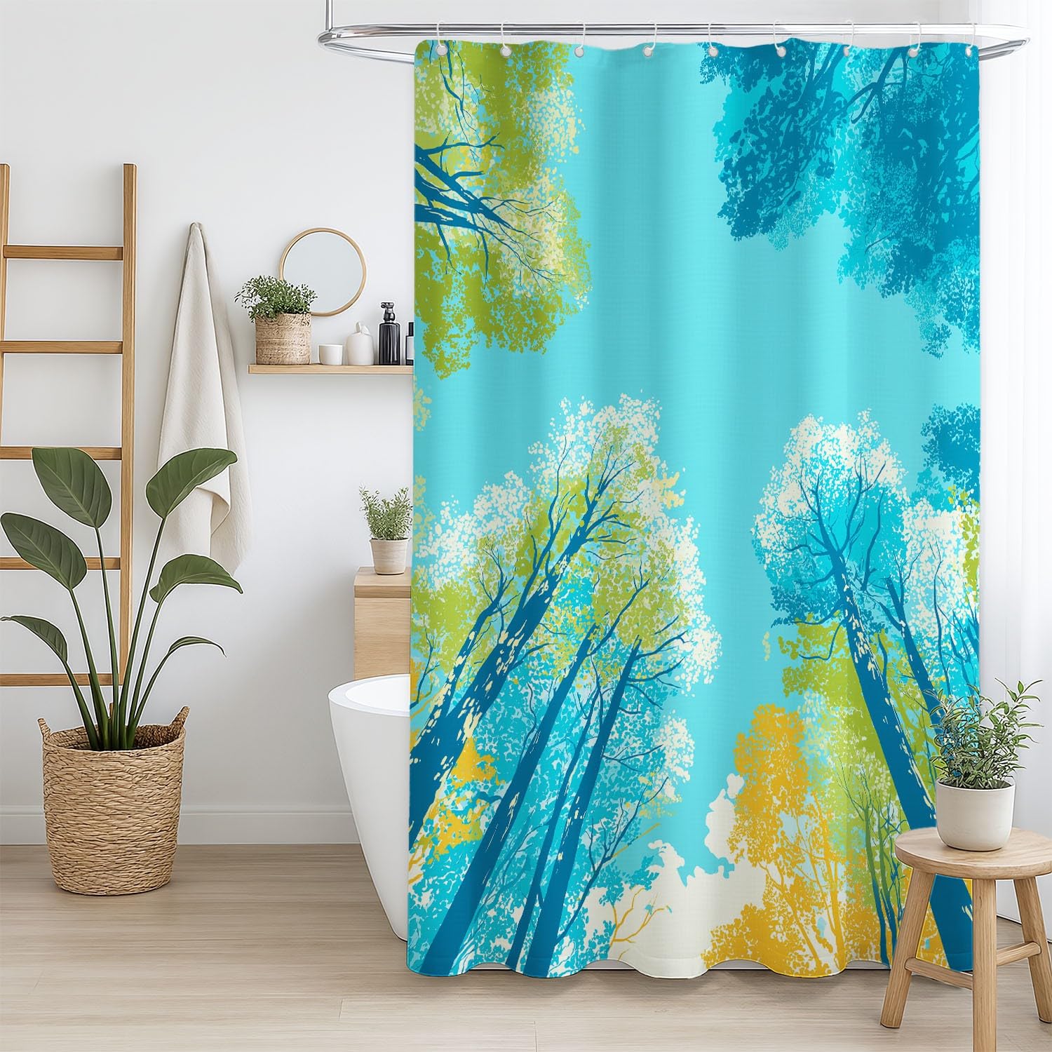 Generico Fantasia Tenda Da Doccia Natura Arte Alberi Blu Verde, Tenda Da Doccia Per Bagno, Vasca Da Bagno, Tenda In Poliestere Impermeabile Con Ganci In Plastica, 180 x 200 cm