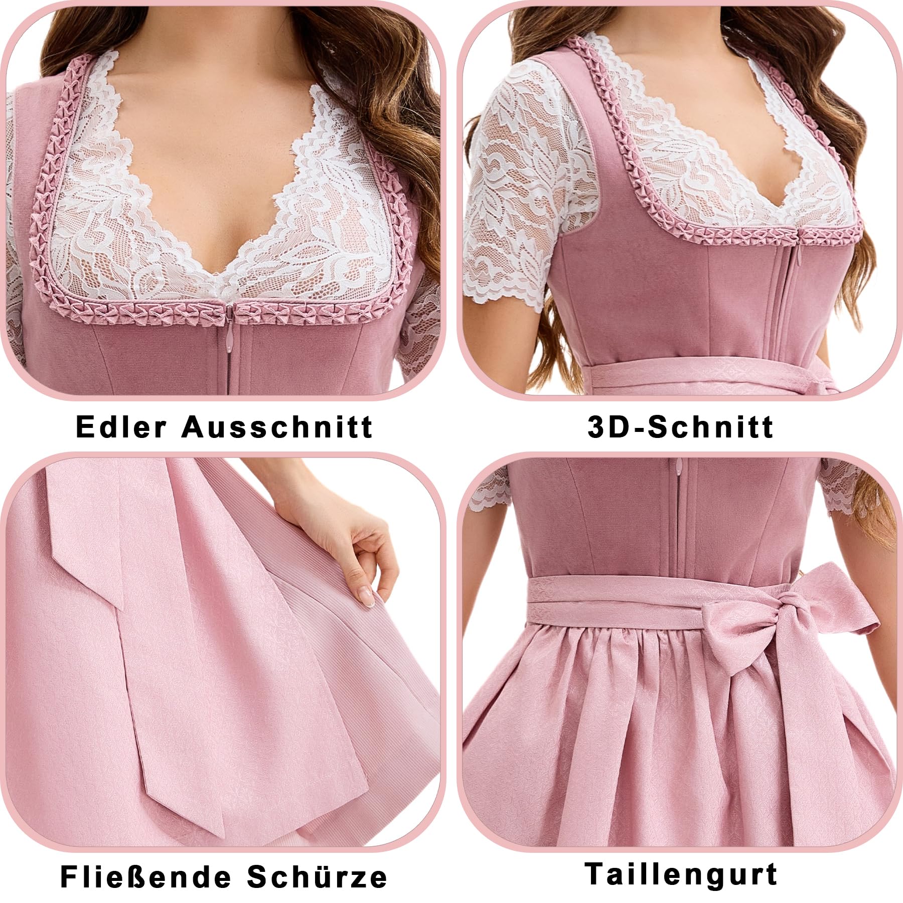 Goxozzy Dirndl Damen Midi aus Samt mit Dirndlschürze für das Oktoberfest Lang Trachtenrock Größen 34-44 Rocklänge 60cm Rosa