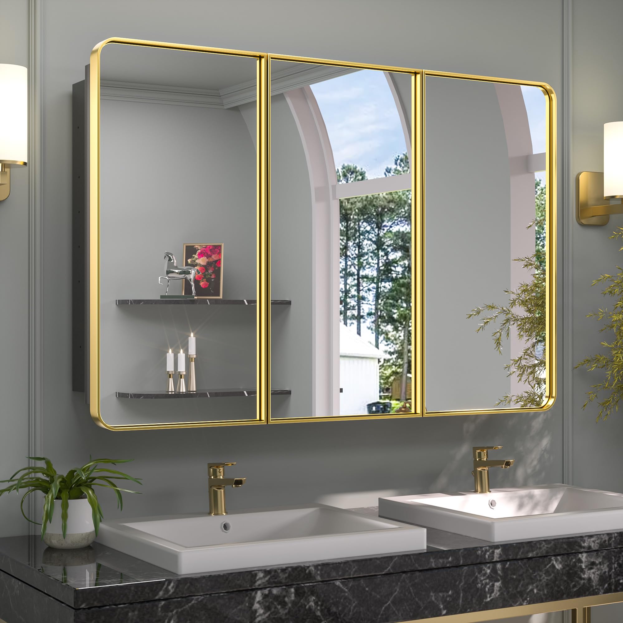 Keonjinn 48 x 32 Inch Gold Medicine Cabinets for Bathroom with Mirror Adjustable Shelves 3 Doors Stainless Steel Frame Soft Closing Hinge Large Recessed Wall Mounted Metal Mirrored Storage Cabinet