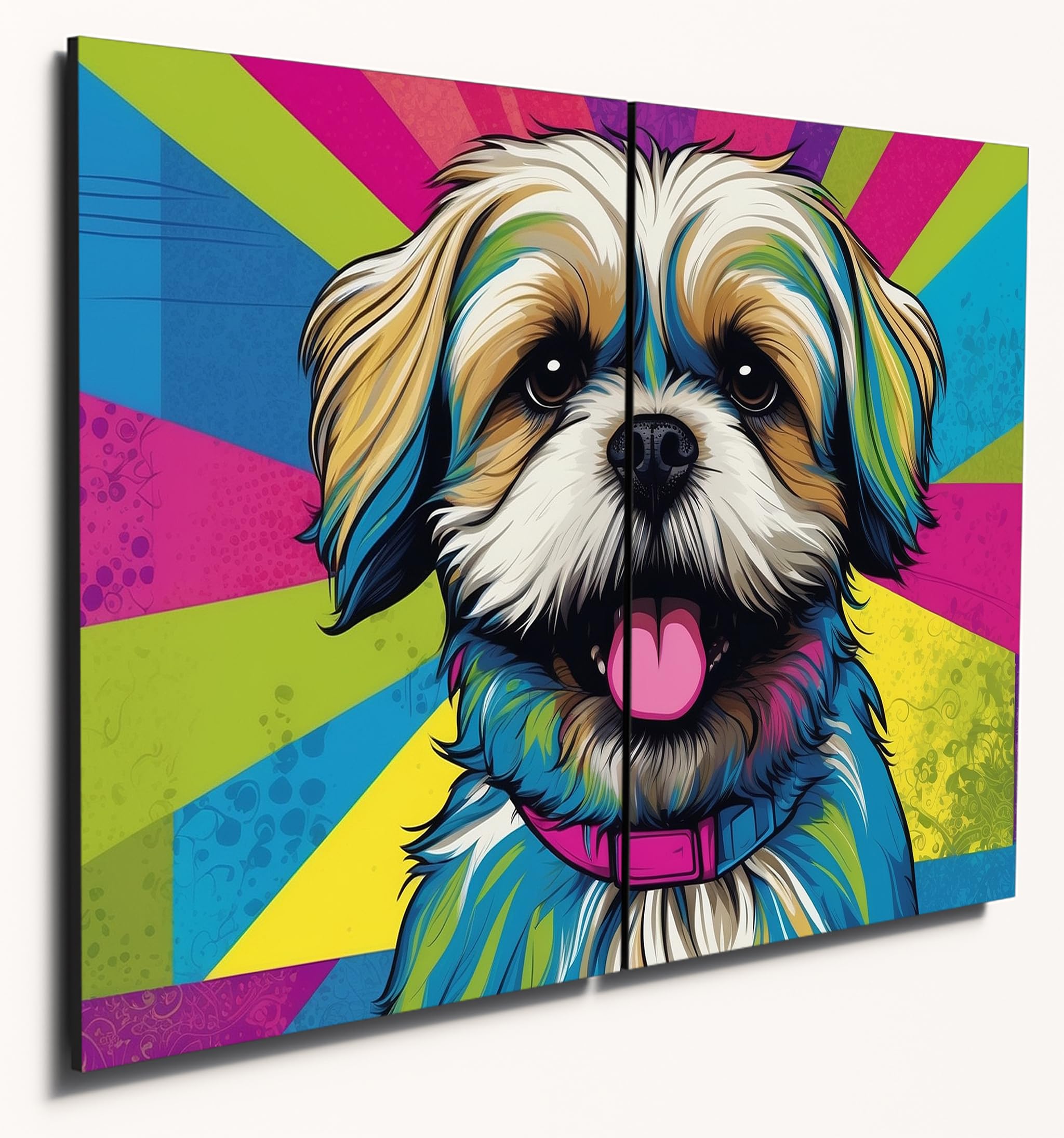 The Plum Penguin Design 1 Lhasa Apso Pop Art Wooden Wall Decor Duo – A4 Mdf Panels With Colourful Eclectic Print Canvas Alternative 40 X 30Cm