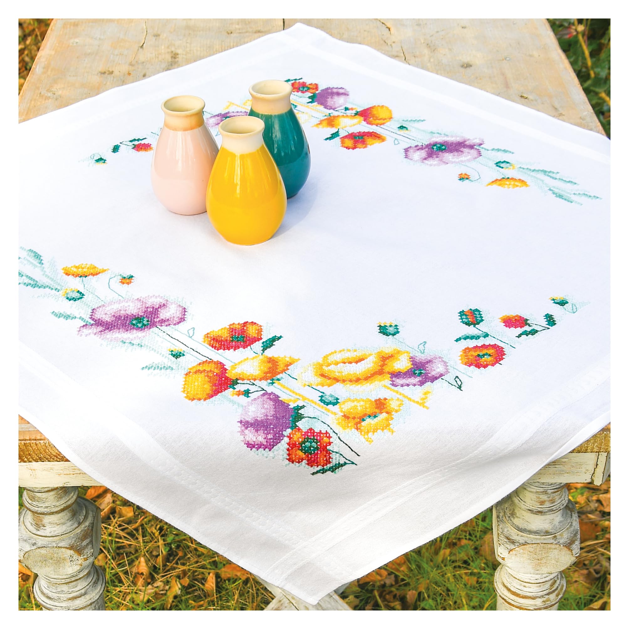 Vervaco Cross Stitch Embroidery Kits Tablecloth Poppies Embroidery Blankets Pre-Drawn Crafts Adult Creative Set Pre-Printed Blanket Embroidery Approx. 80 x 80 cm Handmade Accessories DIY Embroidery