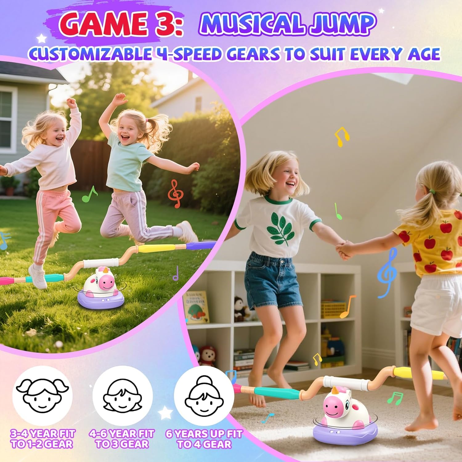 3 in 1 Unicorn Rocket Launcher, Ring Toss & Musical Jump, Outdoor Jumping Spinning Toy for Kids Ages 3-8, Indoor Active Play Set for Boys Girls, STEM Learning Birthday Gift for 3 4 5 6 7 8 Years Old