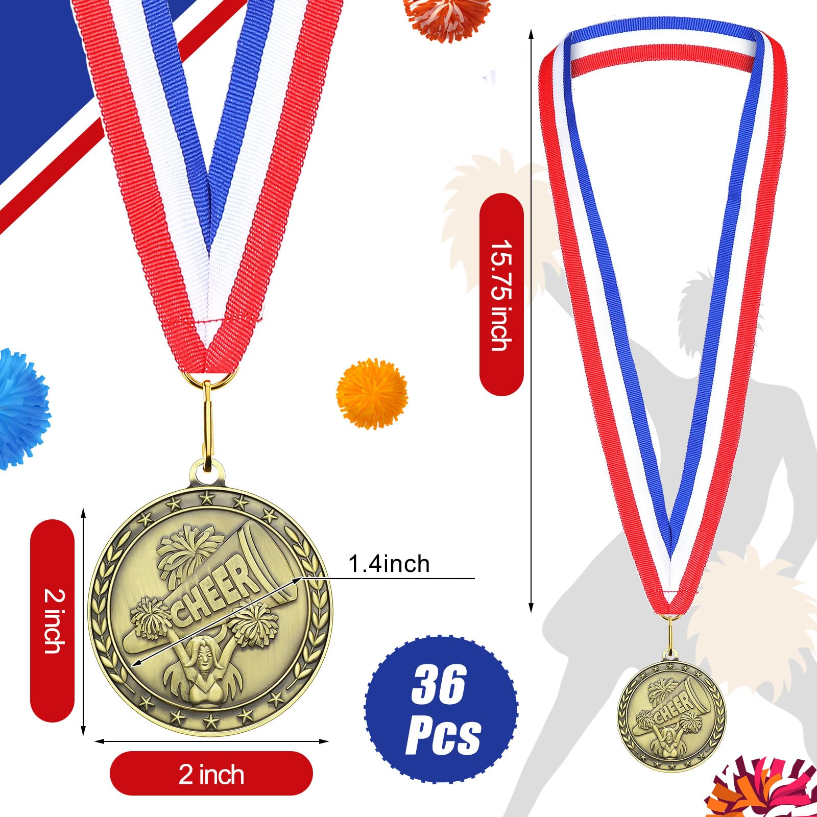 Equsion 36 medallas de premio con cintas para el cuello, premios deportivos dorados, fútbol, voleibol, baloncesto, animadora, medallas para niños, trofeo de fiesta deportiva, regalo para adultos